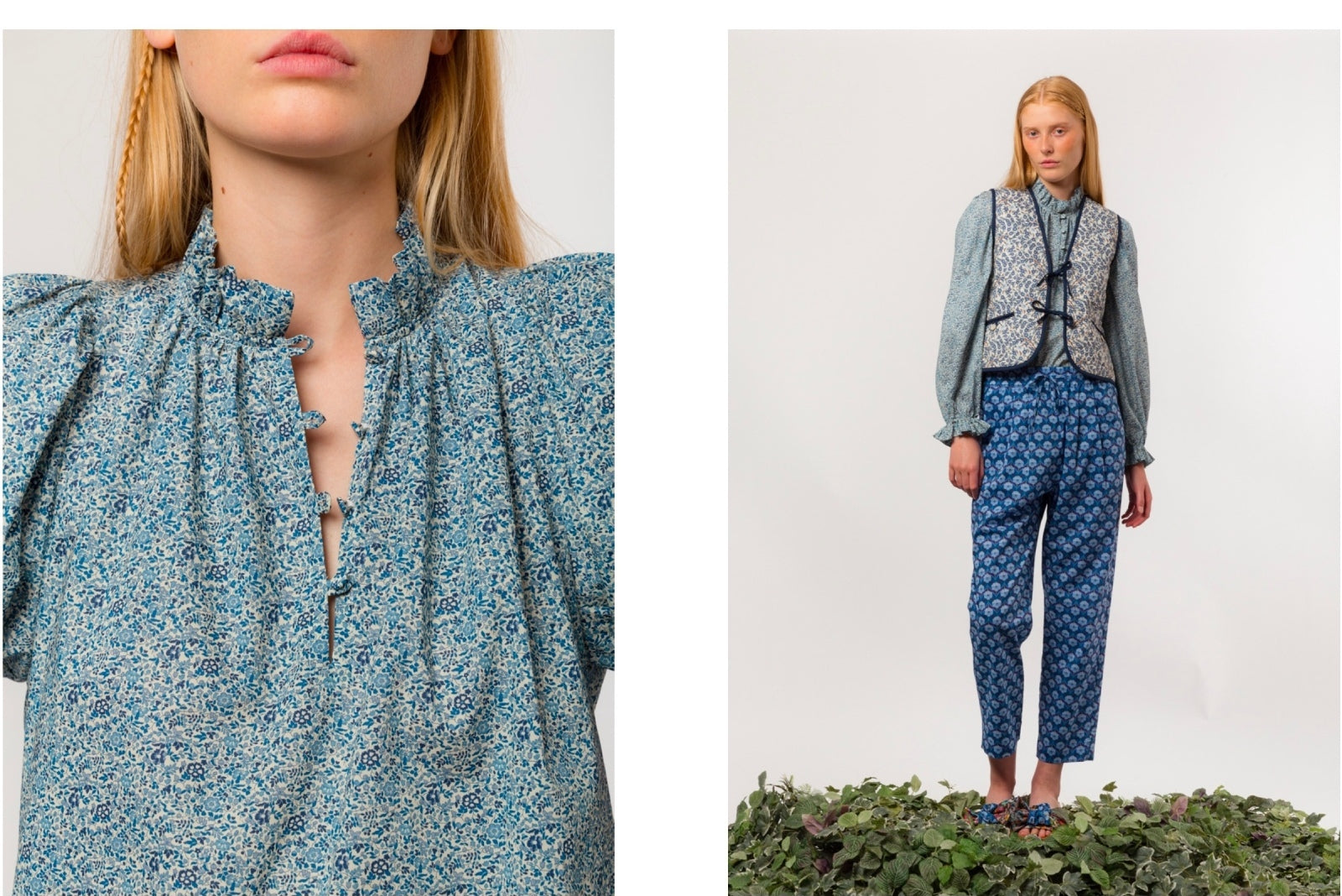 Woman wearing a blue floral patterned blouse and pants with a floral quilted vest