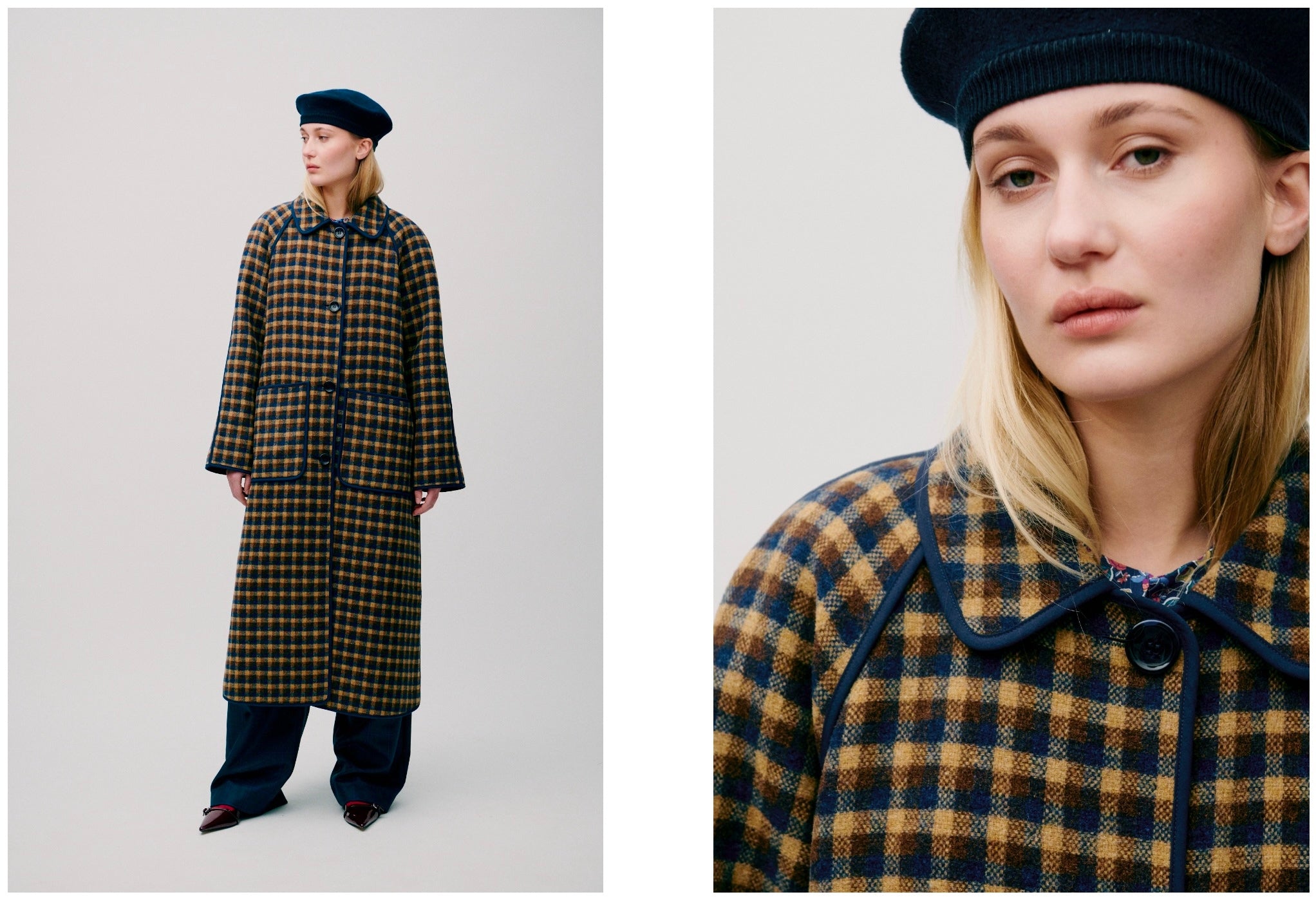 Woman wearing a yellow and brown checked plaid coat and beret
