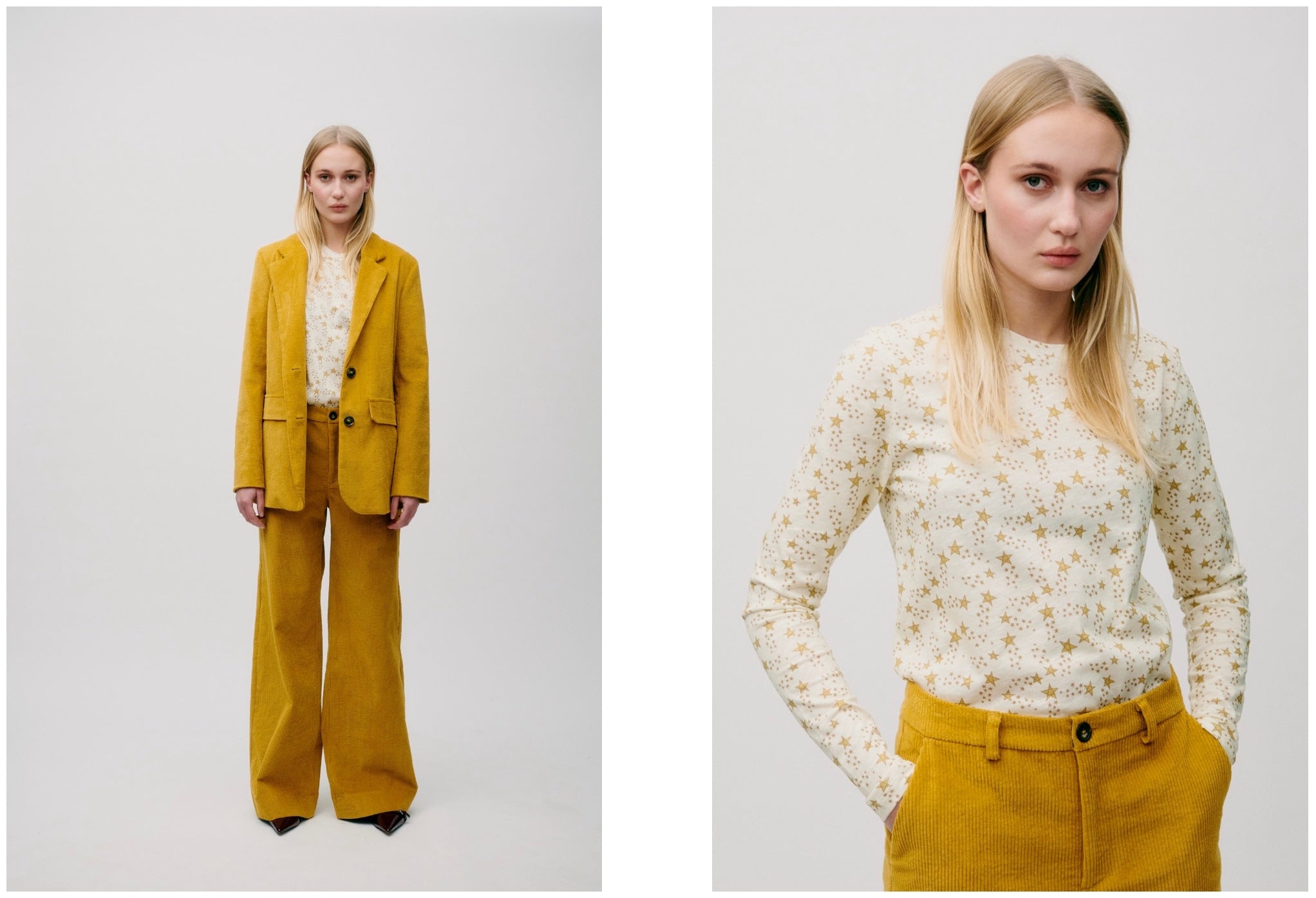 Woman wearing a mustard yellow suit and long sleeved t-shirt with star pattern