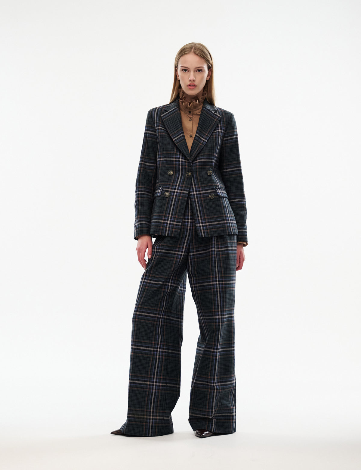 High-waisted wide-leg plaid trousers, dark navy/green, with belt loops and straight wide legs.