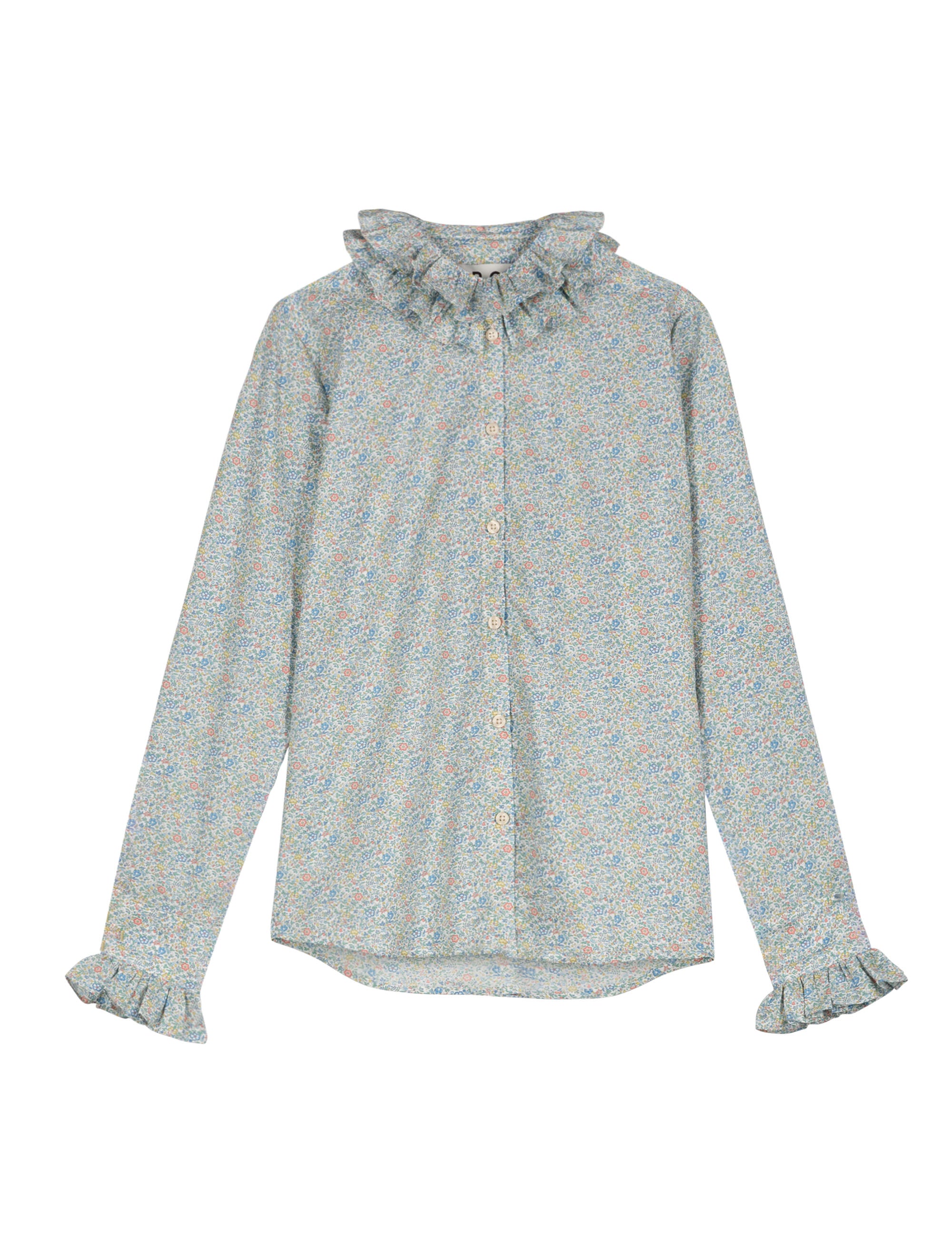 Long sleeved green blouse with flowers and frills