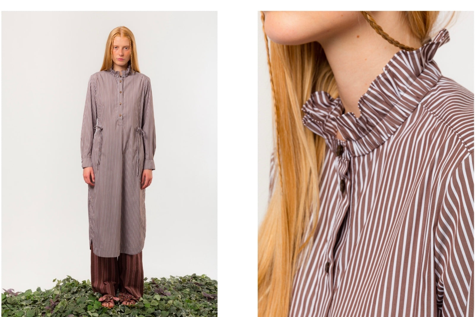 Collage of woman wearing a long brown and white striped dress and a close-up of  a frilled collar