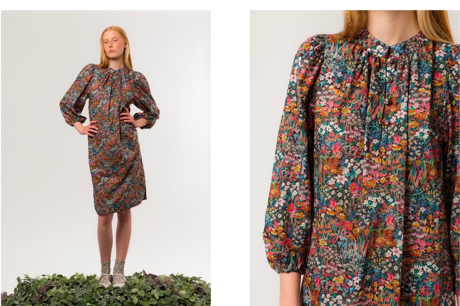 Multicolored floral dress worn by a woman