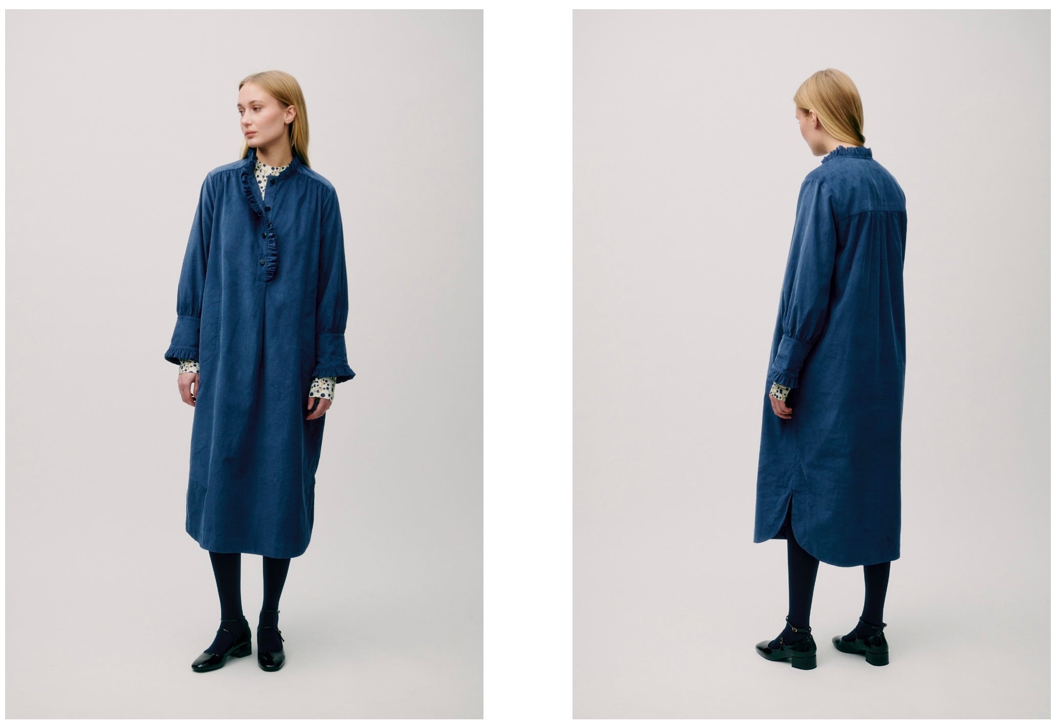 Woman wearing a long blue baby cord dress, shown from front and back views against a plain background.