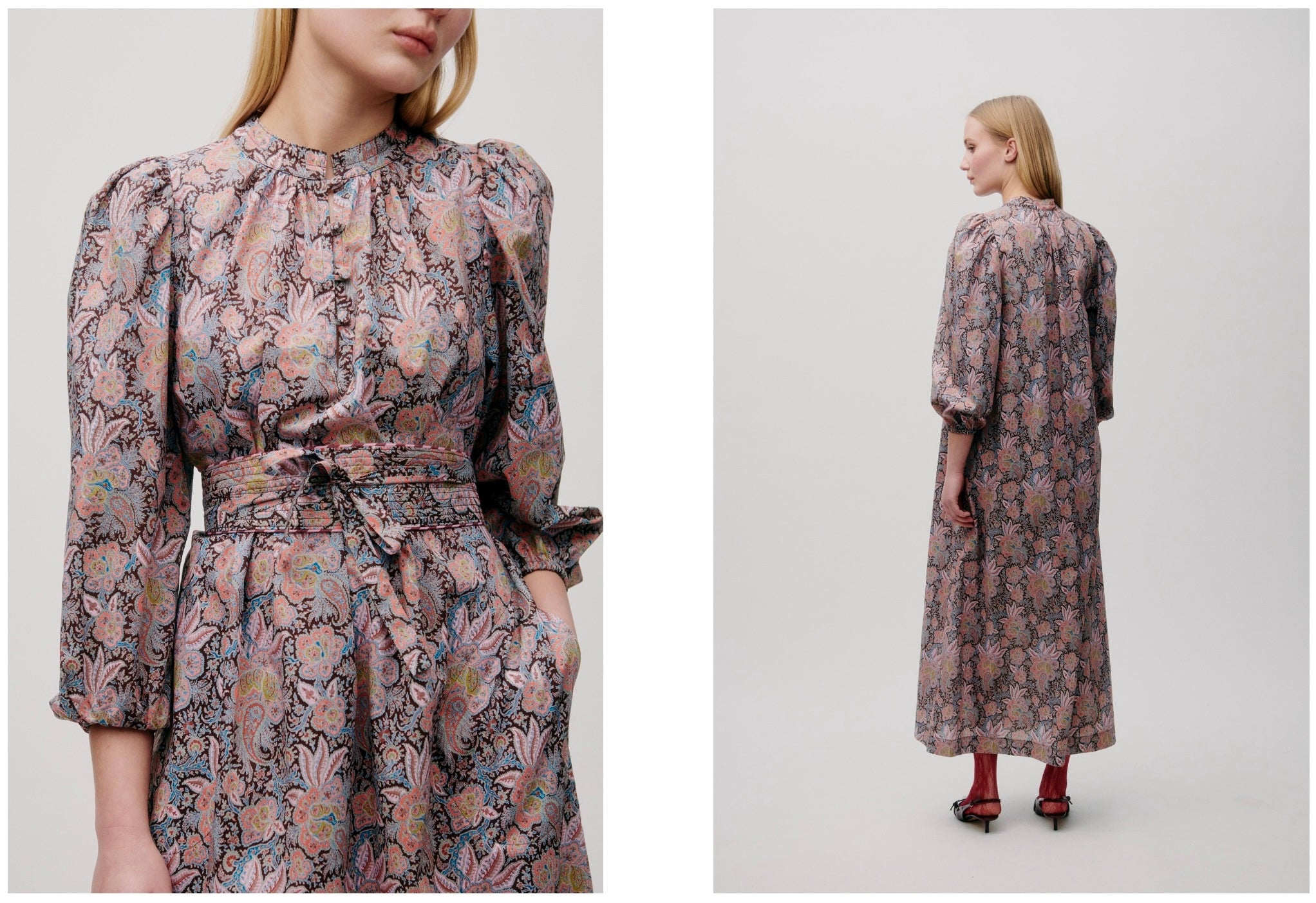 Woman in floral  patterned dress shown from front and back on a plain background