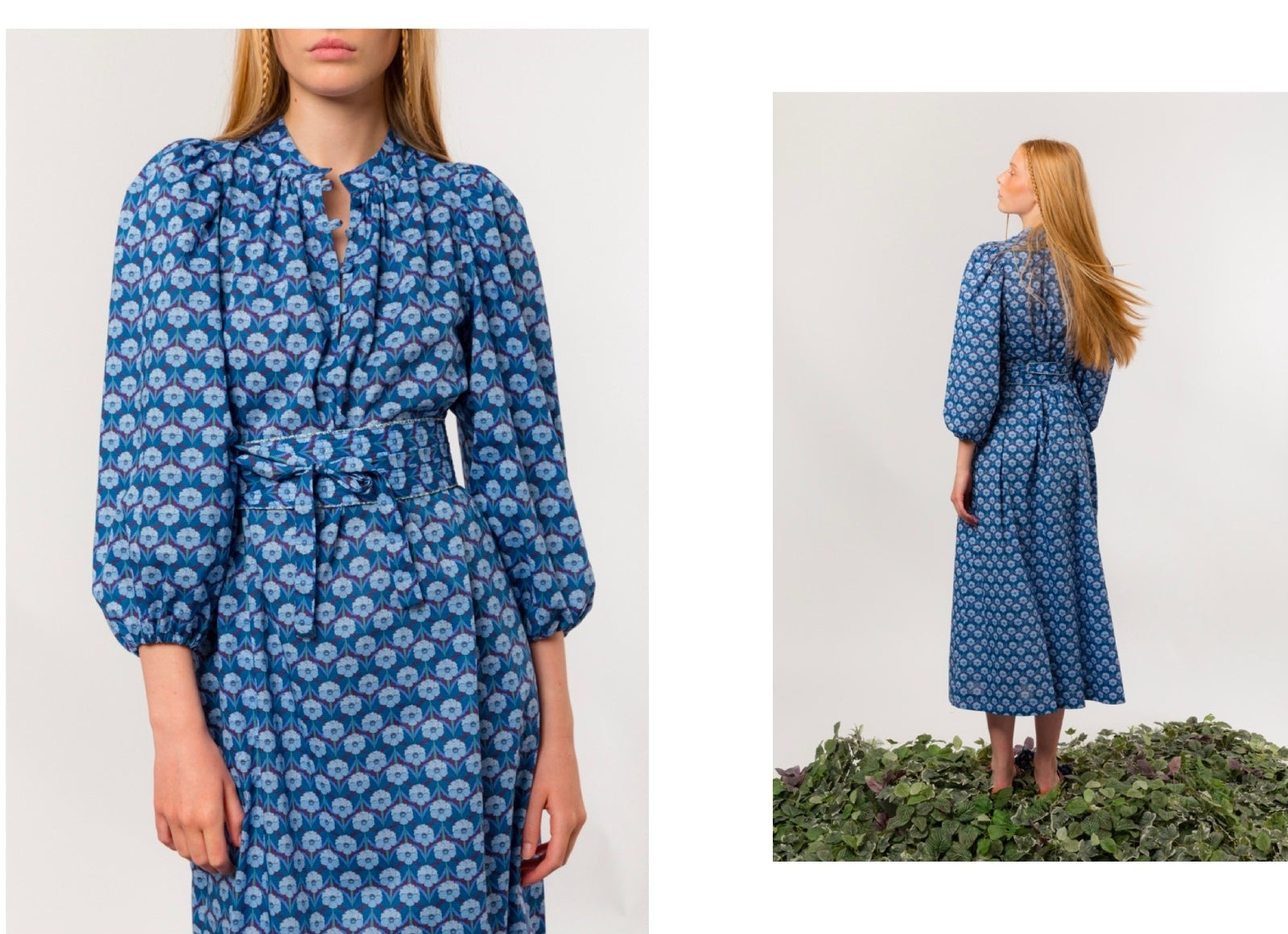 Woman wearing a blue floral maxi dress with long puff sleeves and matching belt