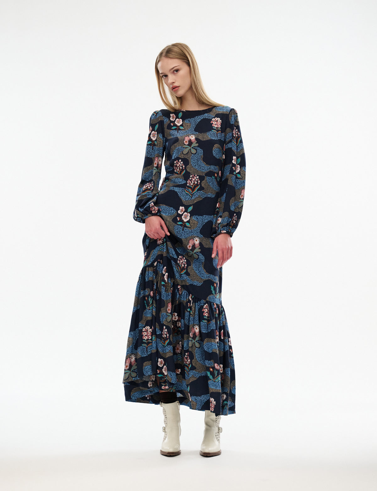 Navy long-sleeve midi dress with crew neck, tiered hem, and multicolor floral graphic print