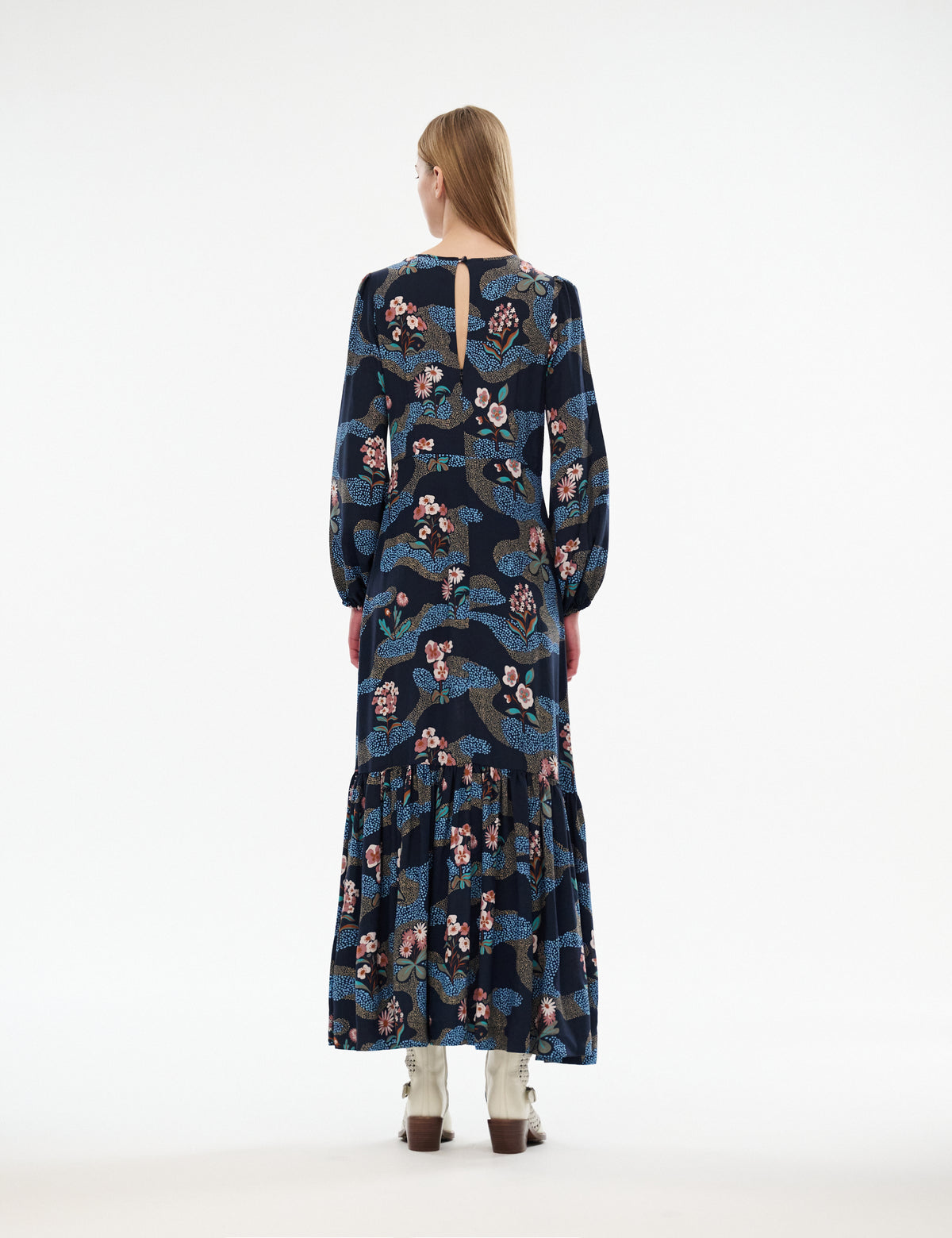 Navy long-sleeve midi dress with crew neck, tiered skirt, and multicolor posy print