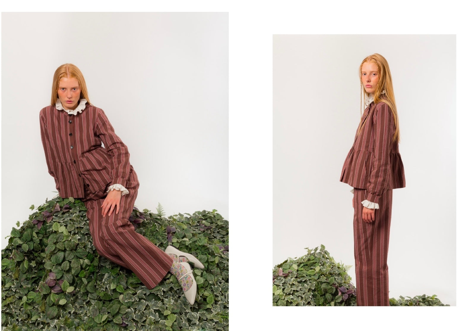 Woman in a brown striped outfit sitting on a green plant