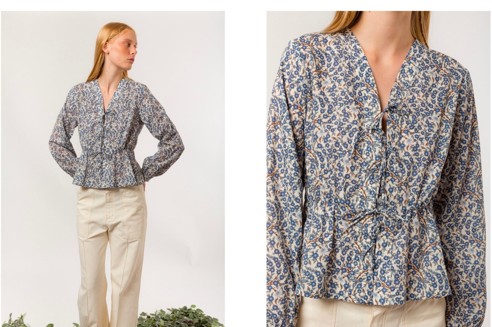 Woman wearing a floral blouse with beige pants