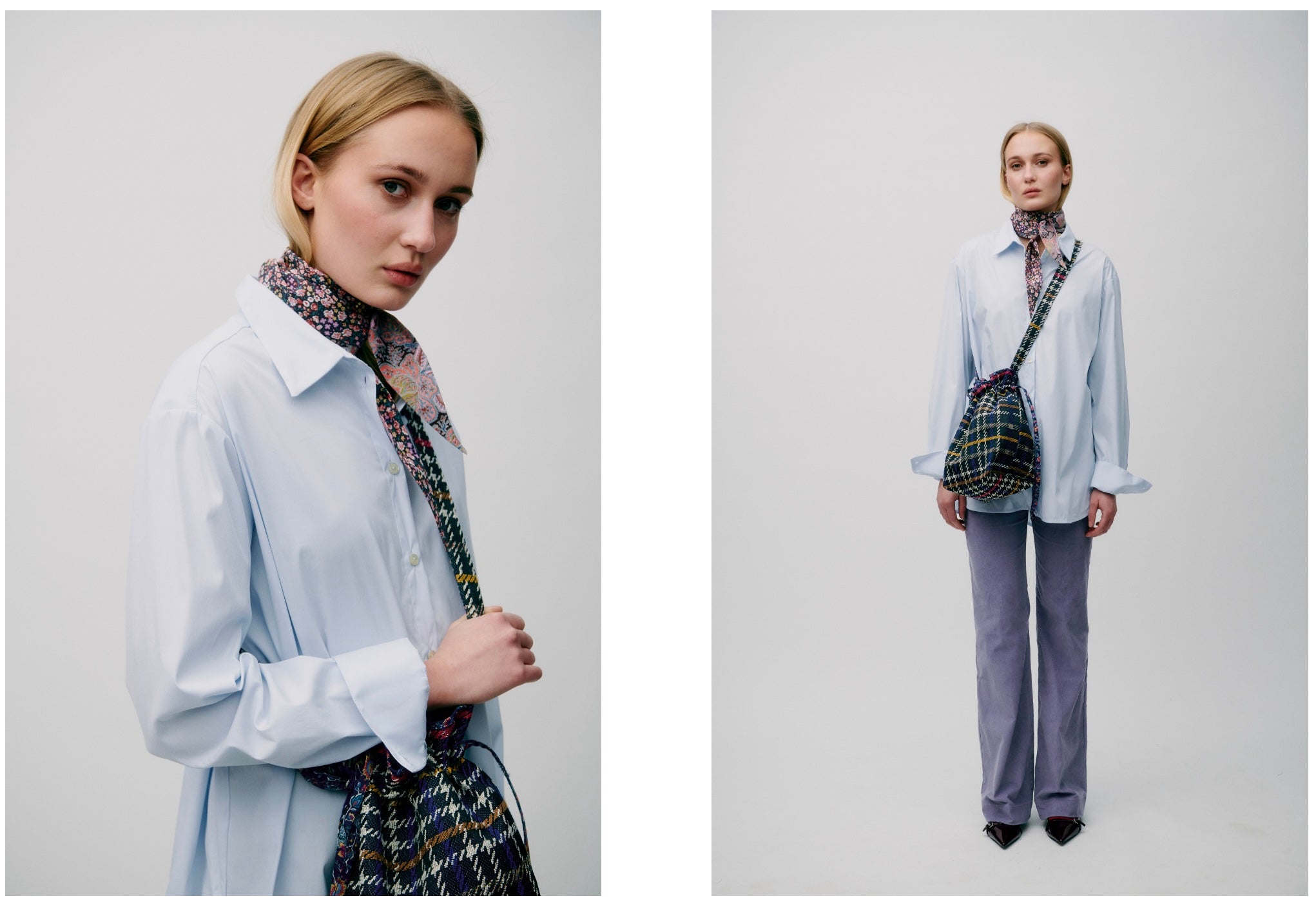 Woman wearing a light blues shirt with long sleeves, scarf and cross body bag