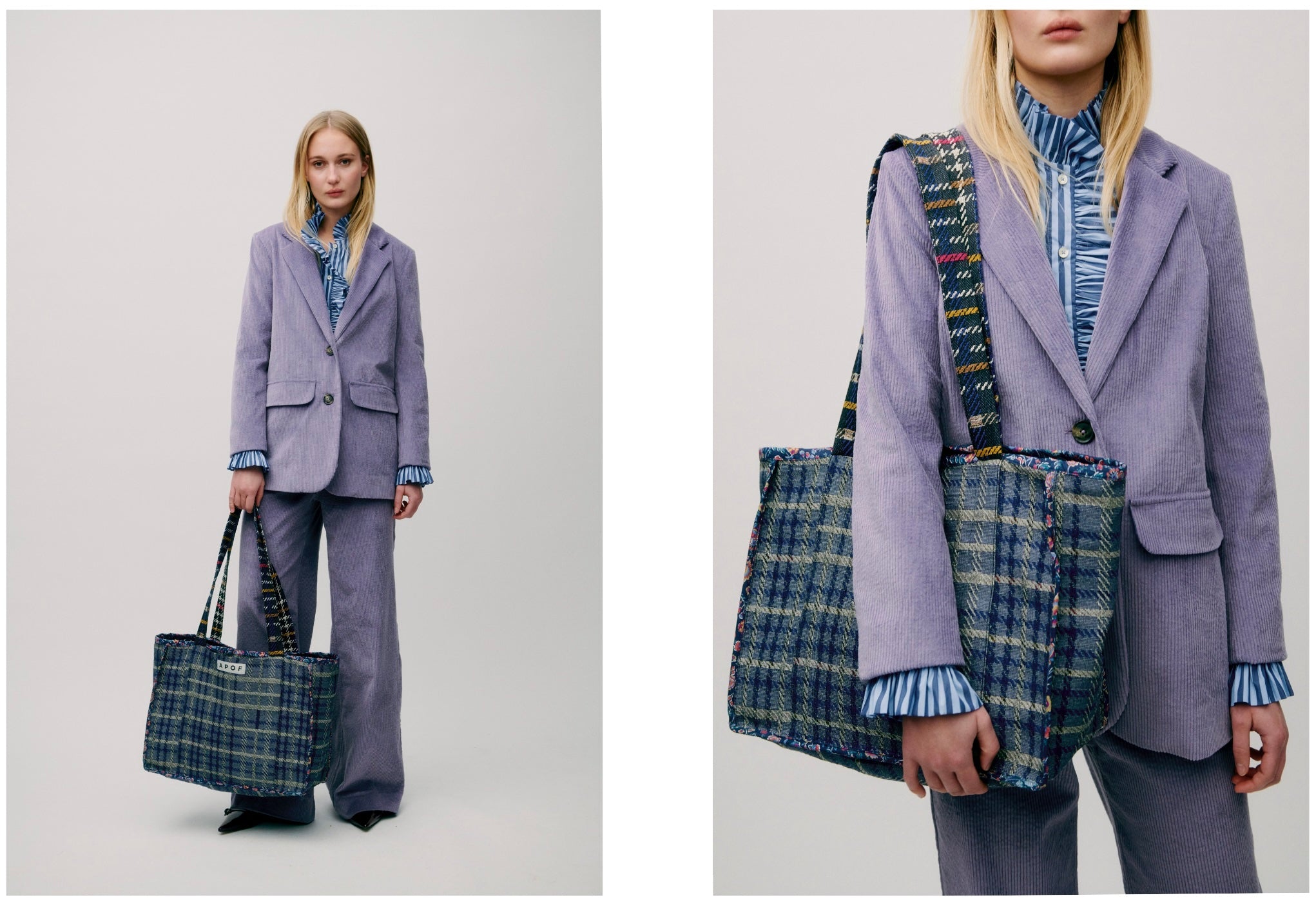 Woman wearing a lavender suit with plaid bag and suspenders on a plain background