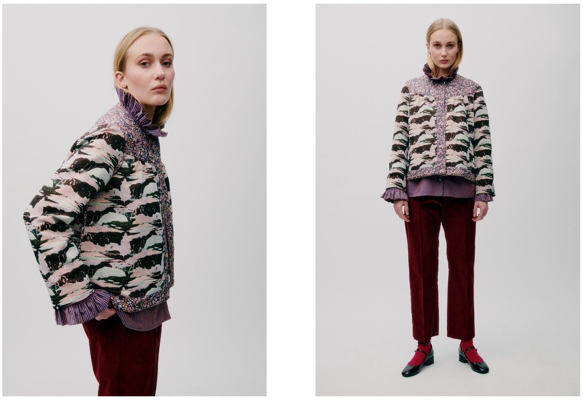Woman wearing a patterned jacket and burgundy pants on a white background