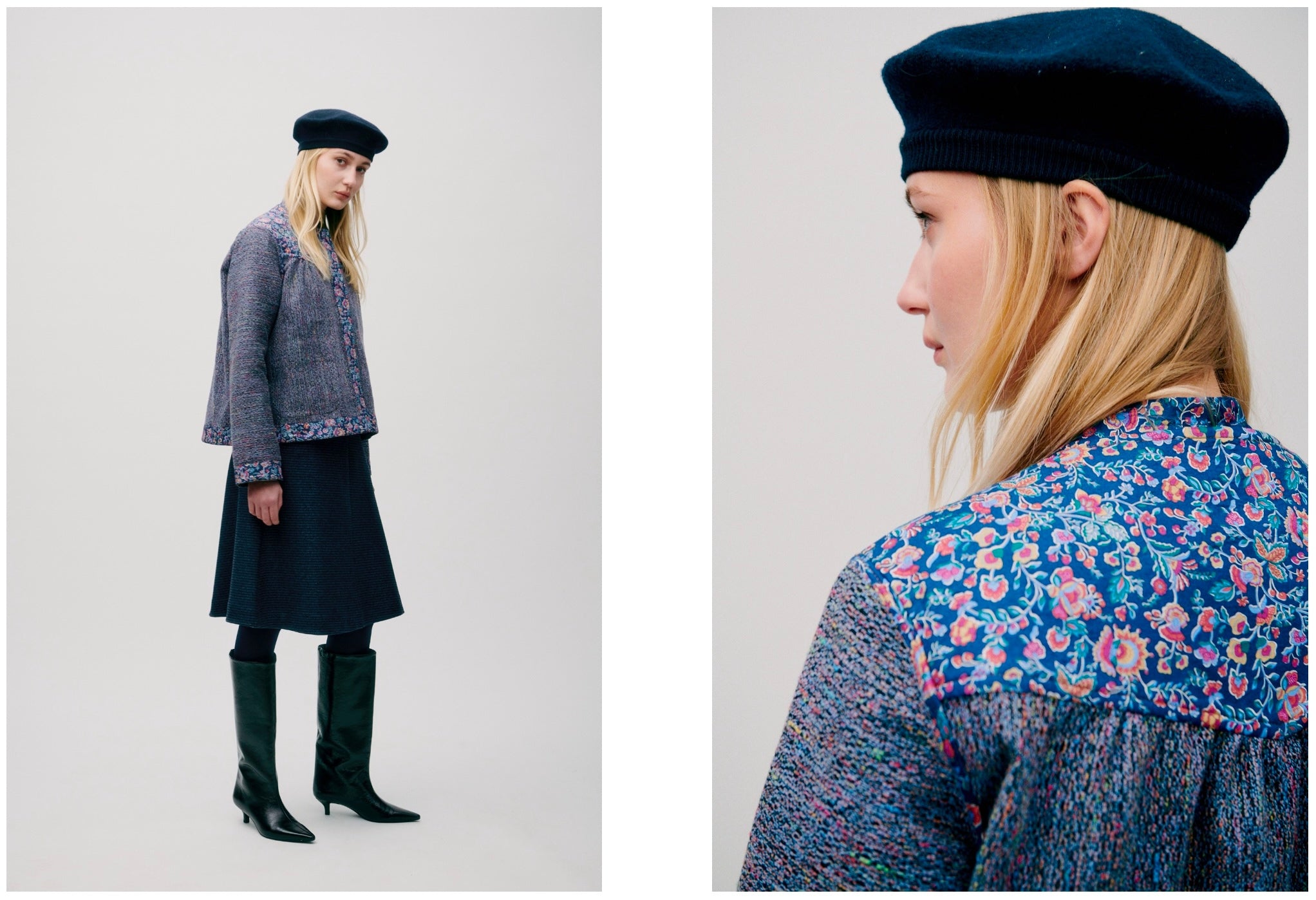 Woman wearing a navy beret, blue textured jacket with floral details, blue skirt and boots