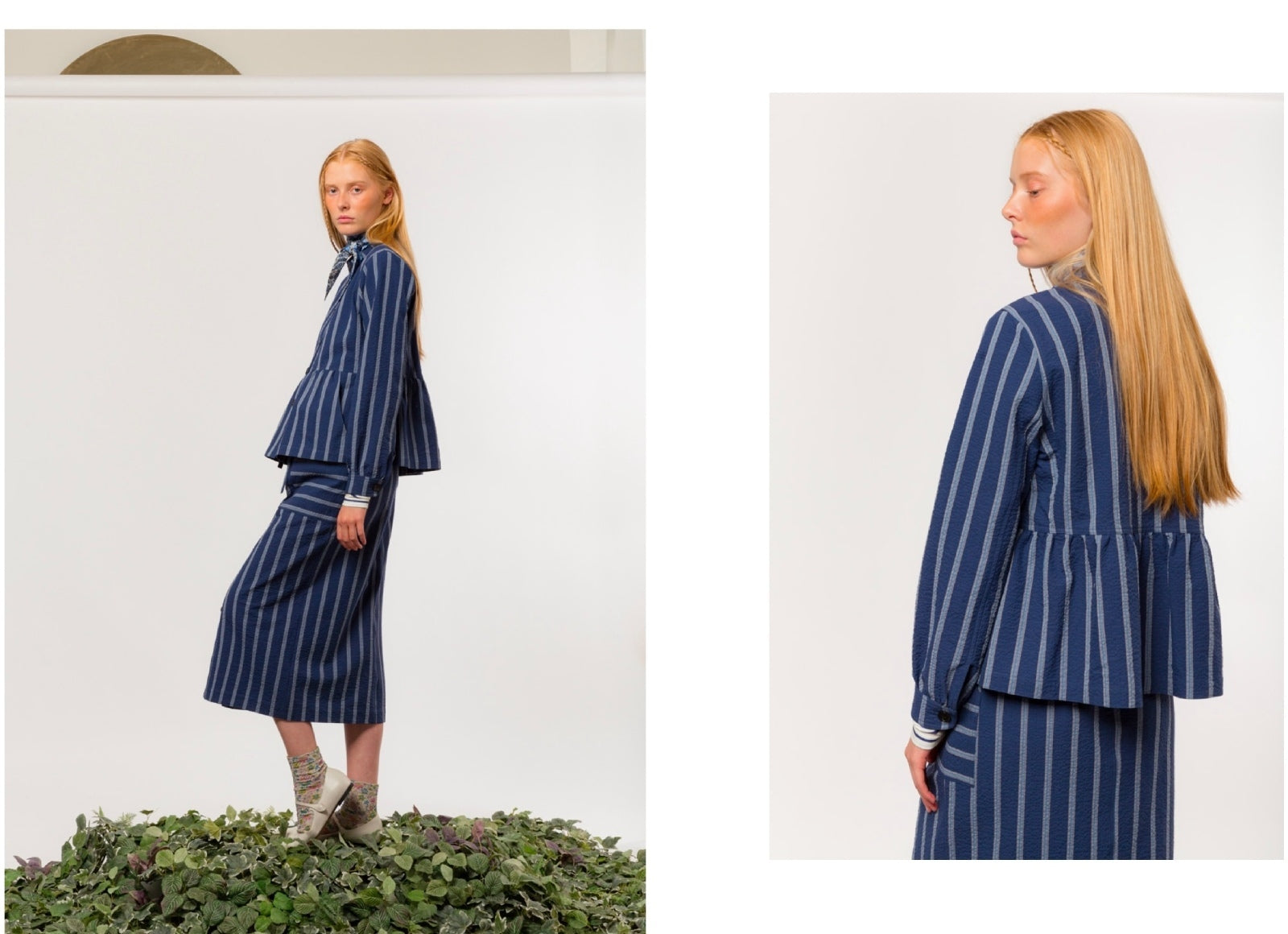 Woman wearing a blue and white striped skirt and jacket