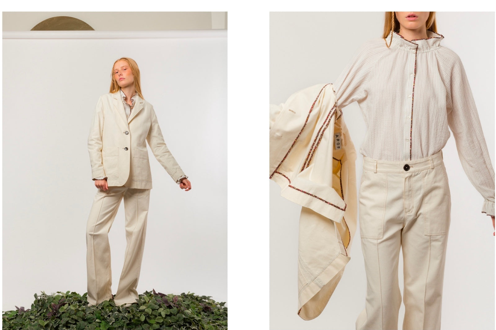 Person wearing a beige suit and white shirt with frilled collar and cuffs