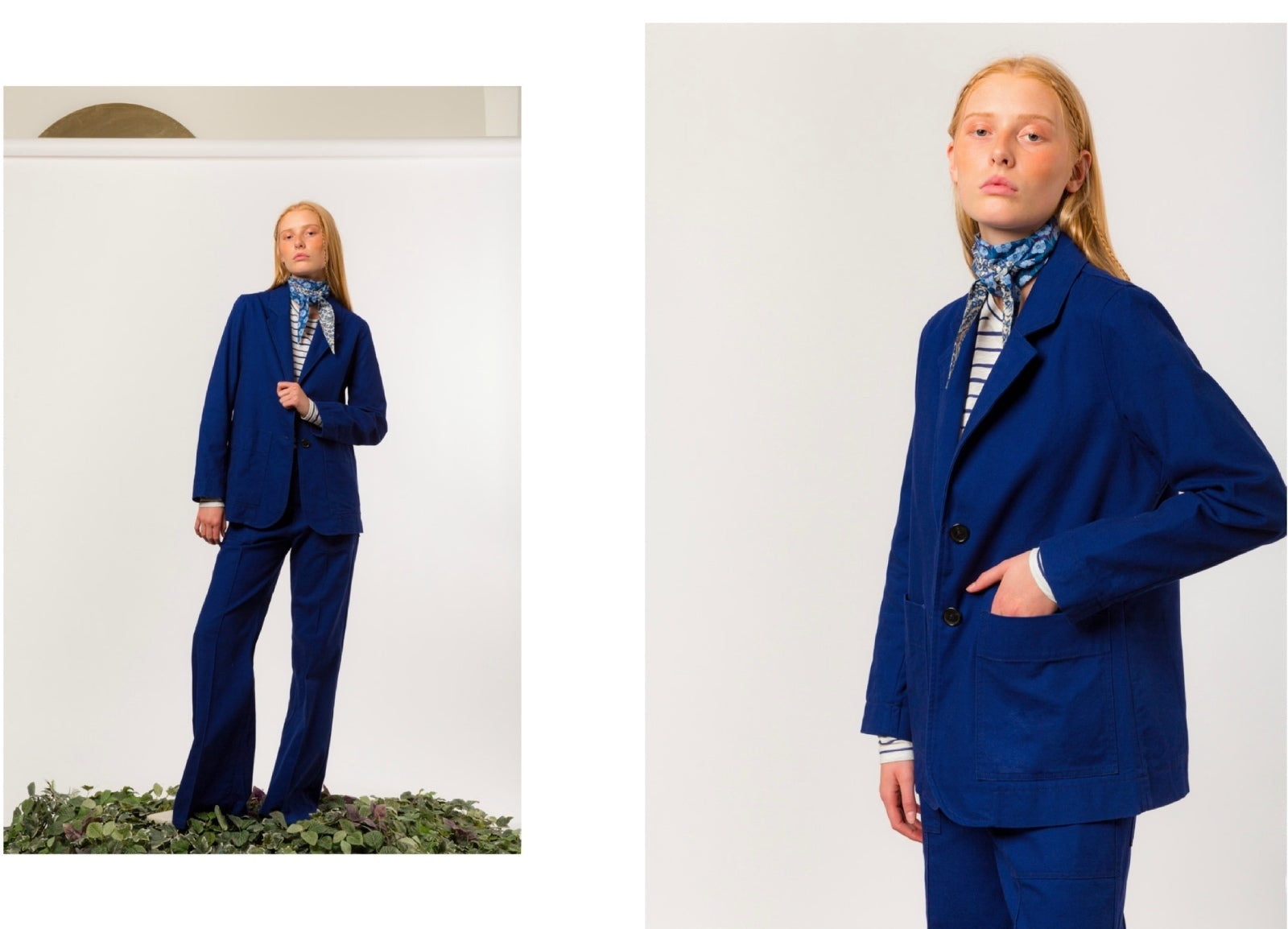 Woman wearing a blue suitand a blue and white striped t-shirt with a patterned scarf in two different poses