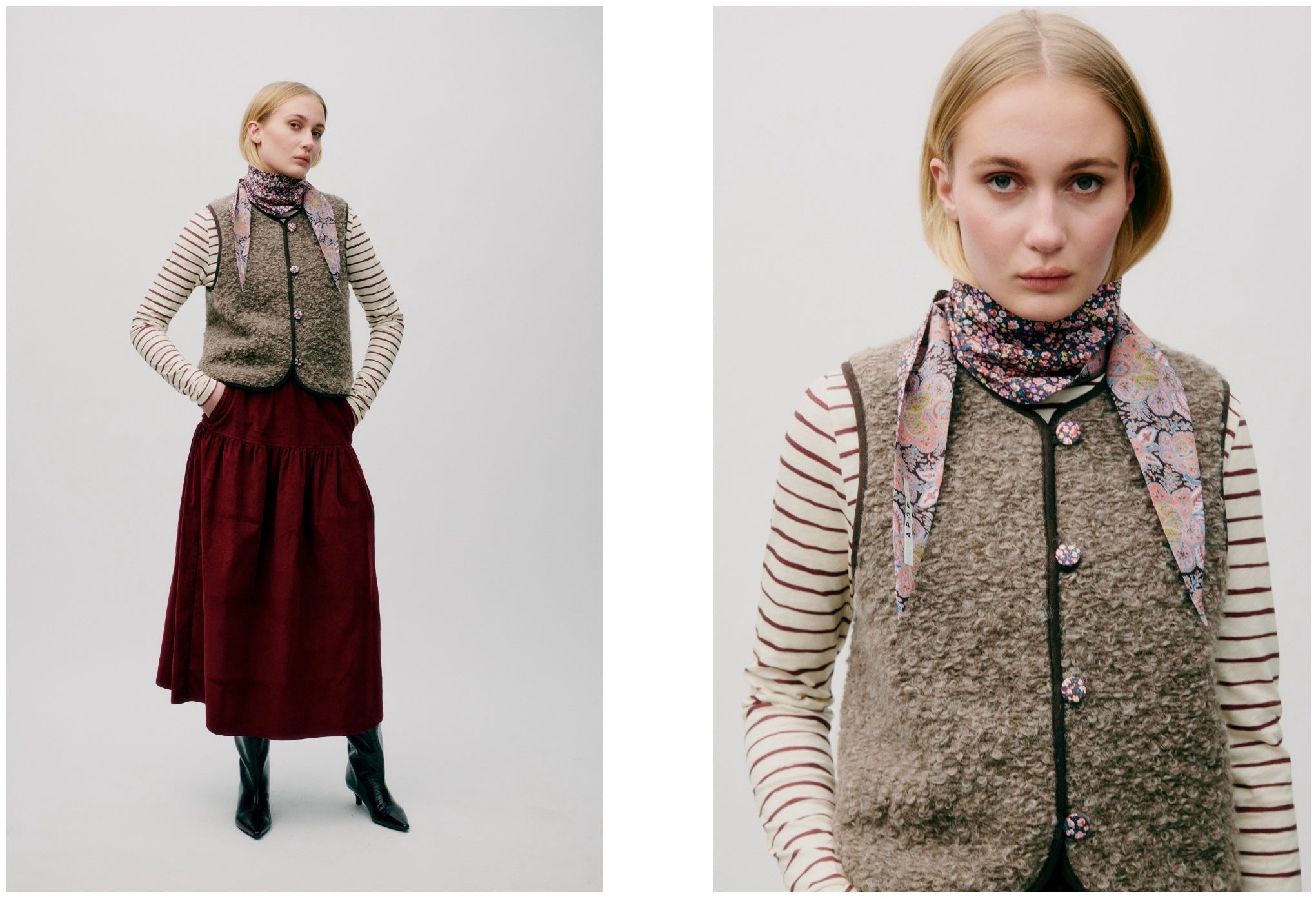 Woman wearing a patterned scarf, wool vest and striped long sleeve t-shirt