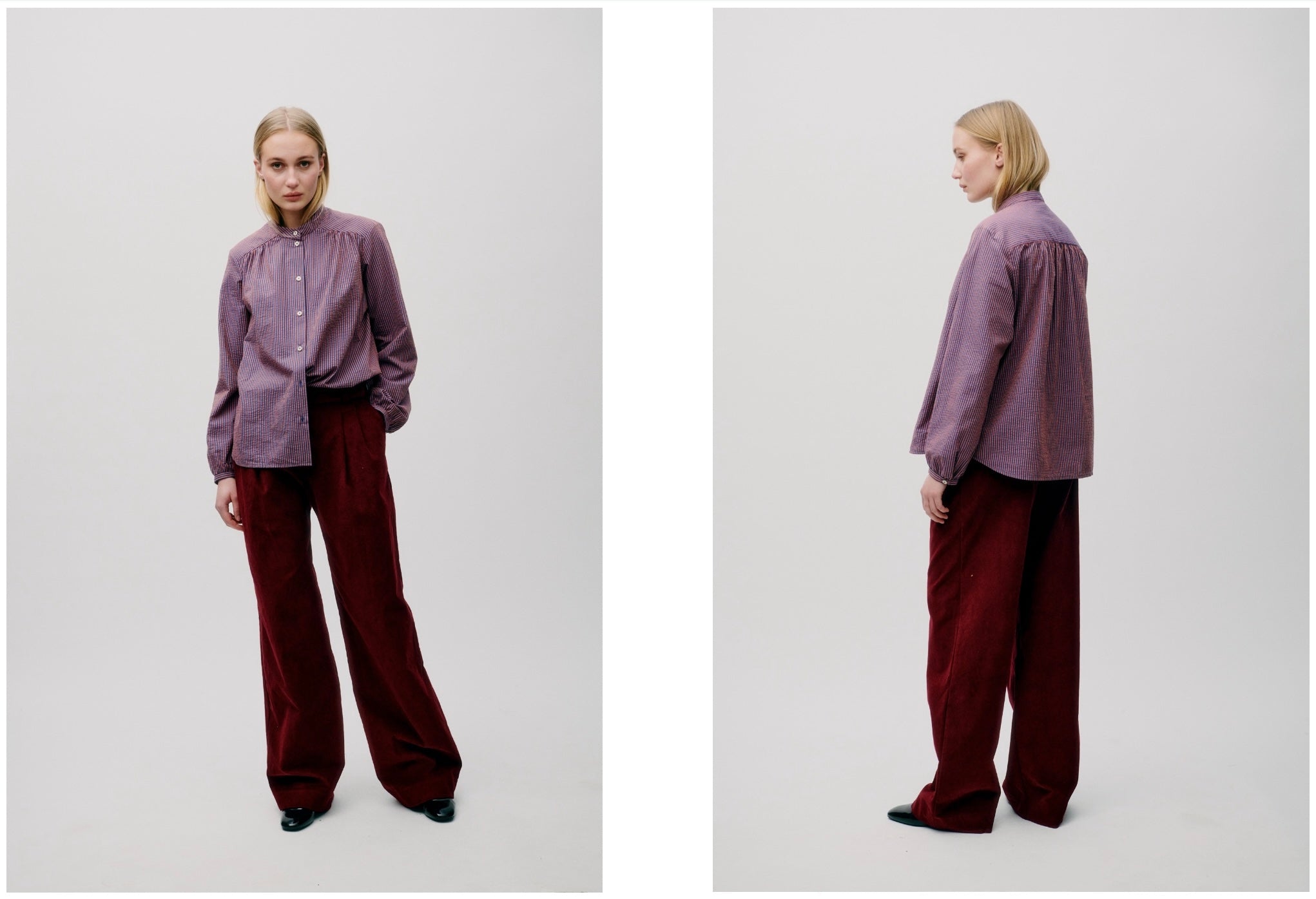 Woman wearing a purple blouse and red pants in two different poses against a white background