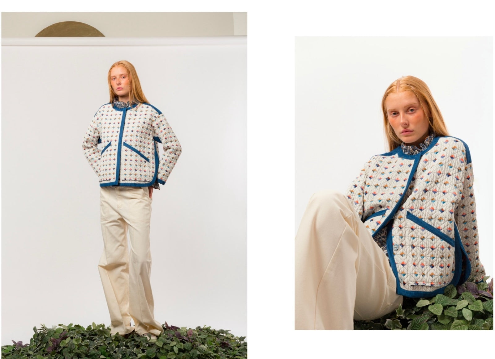 Woman wearing a patterned jacket with blue accents in two different poses