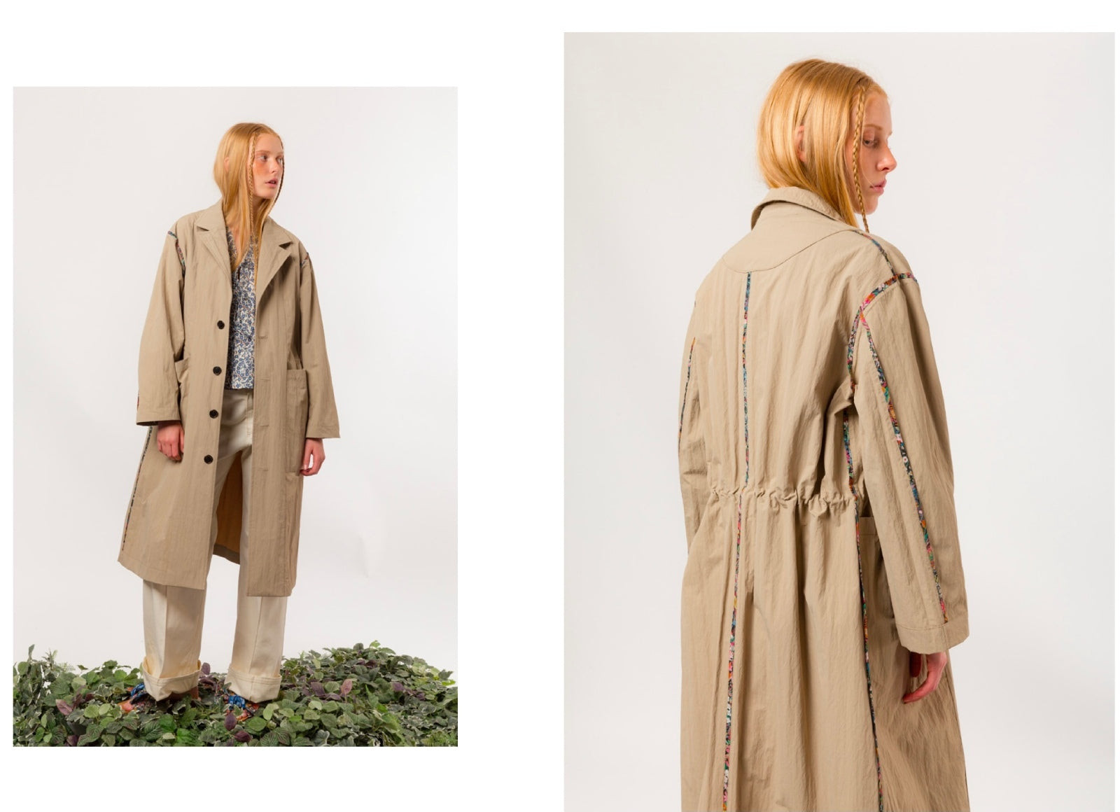 Woman wearing a beige trench coat with front and side views