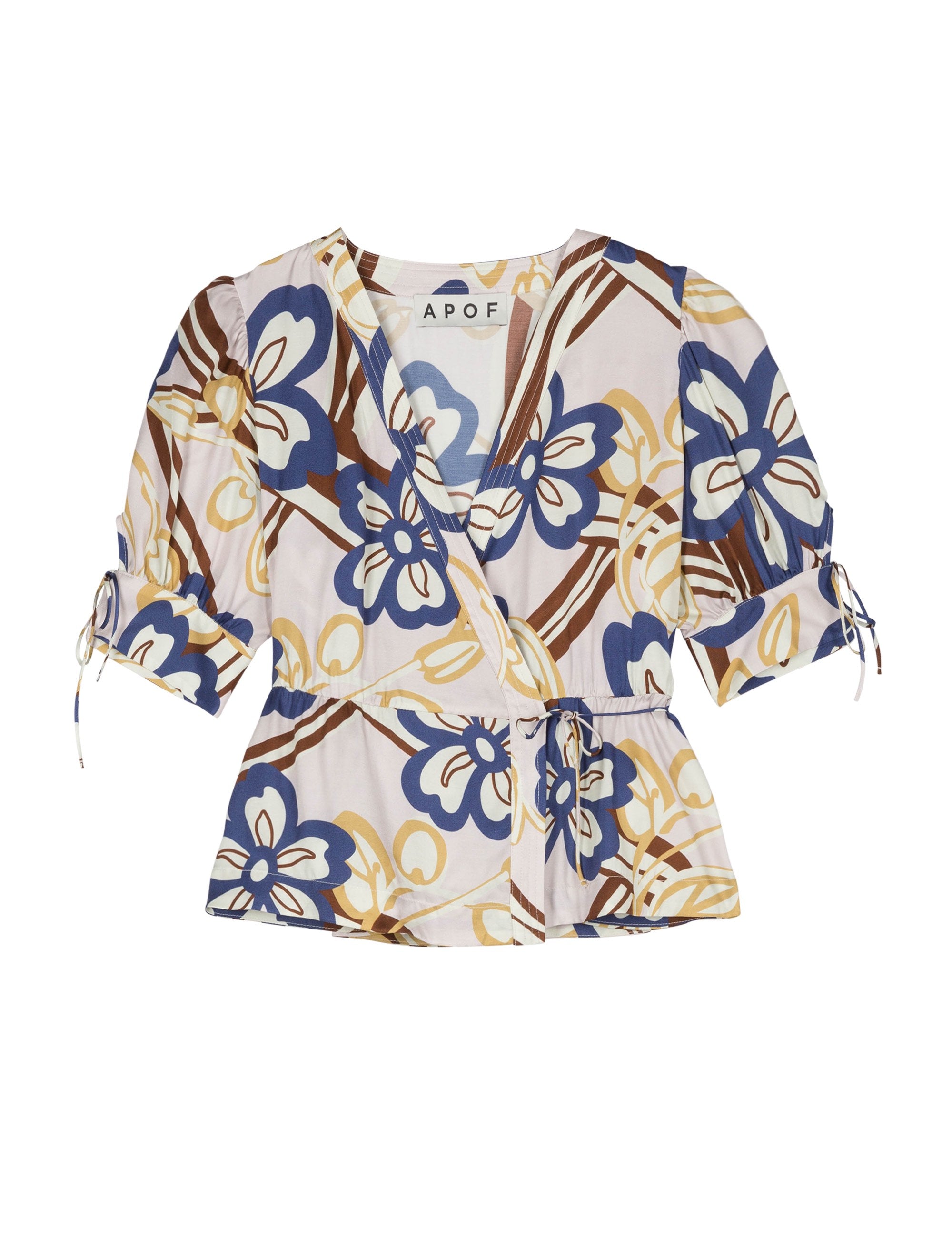 Short sleeved viscose wrap shirt with large flower print in blue brown and yellow