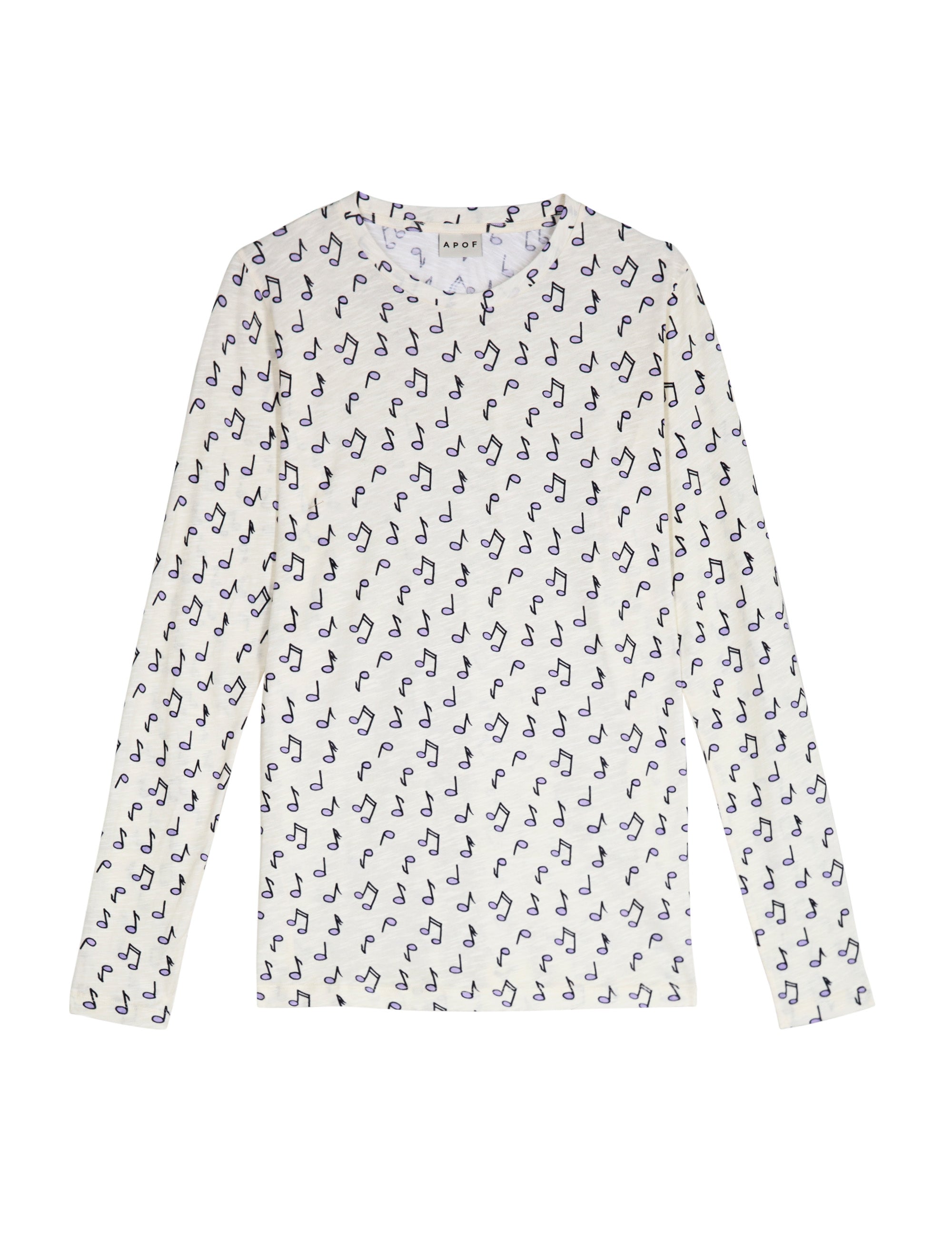 Women's long sleeve white t-shirt with blue notes pattern