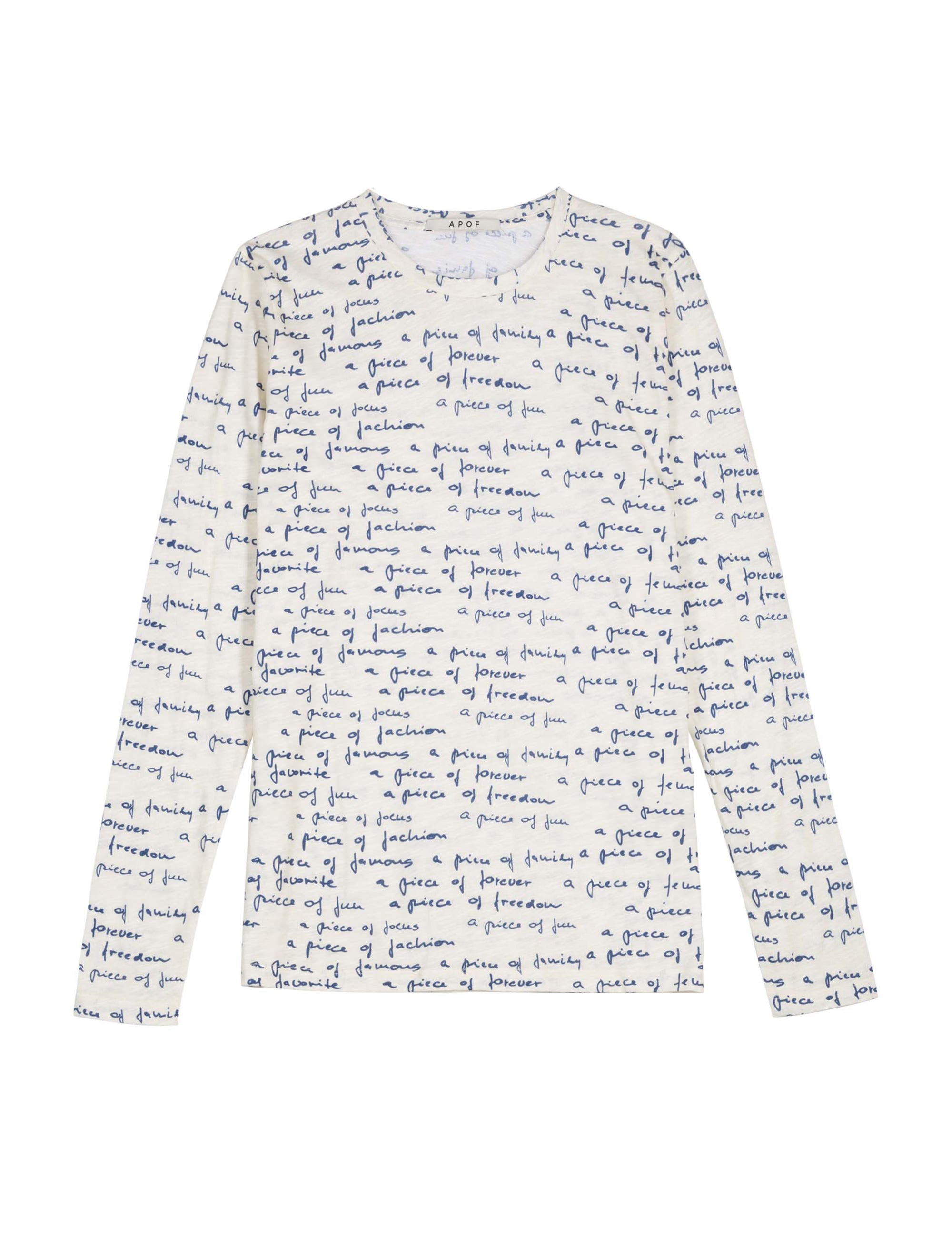 Women's long sleeve white t-shirt with text pattern