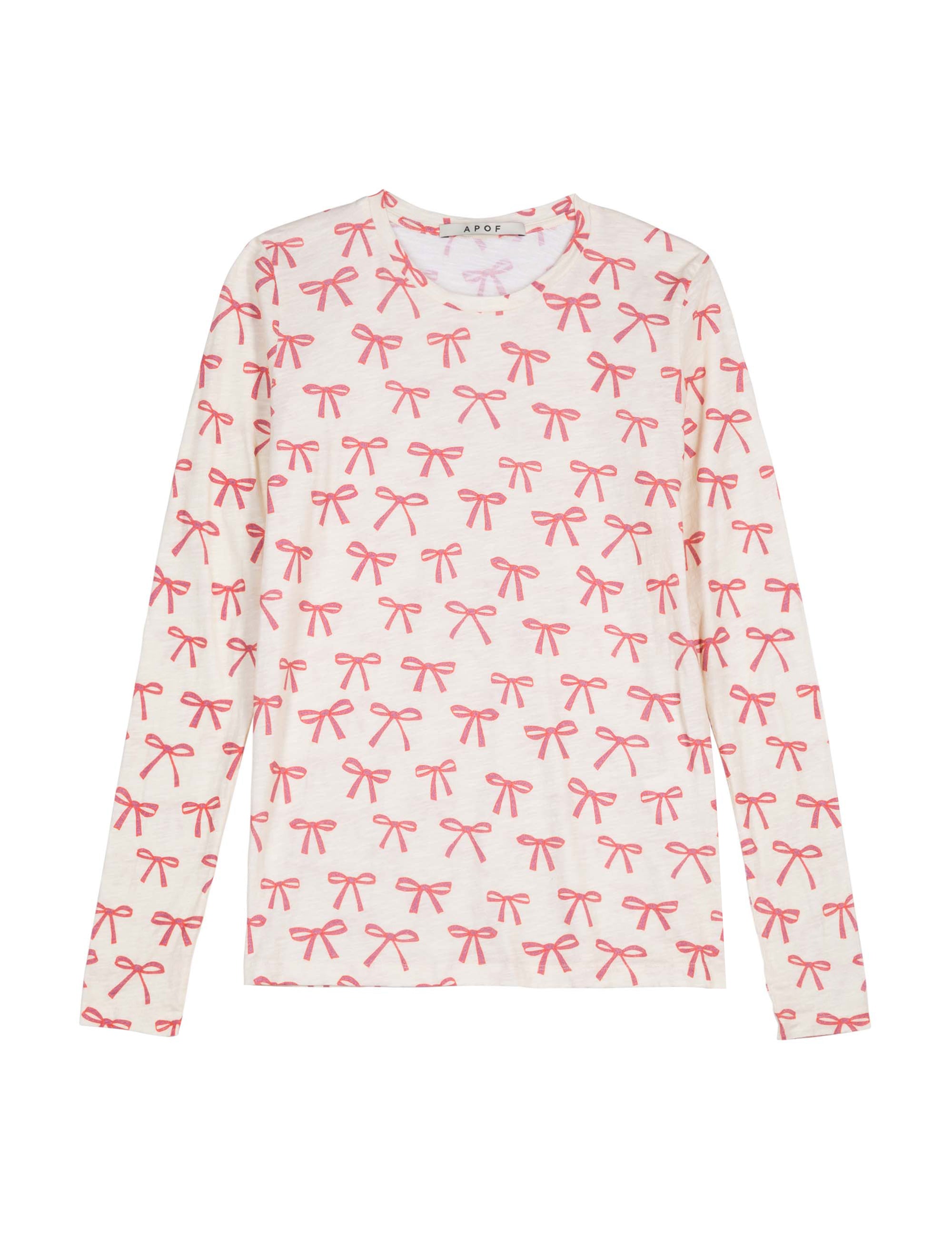 Women's long sleeve white t-shirt with pink bow pattern