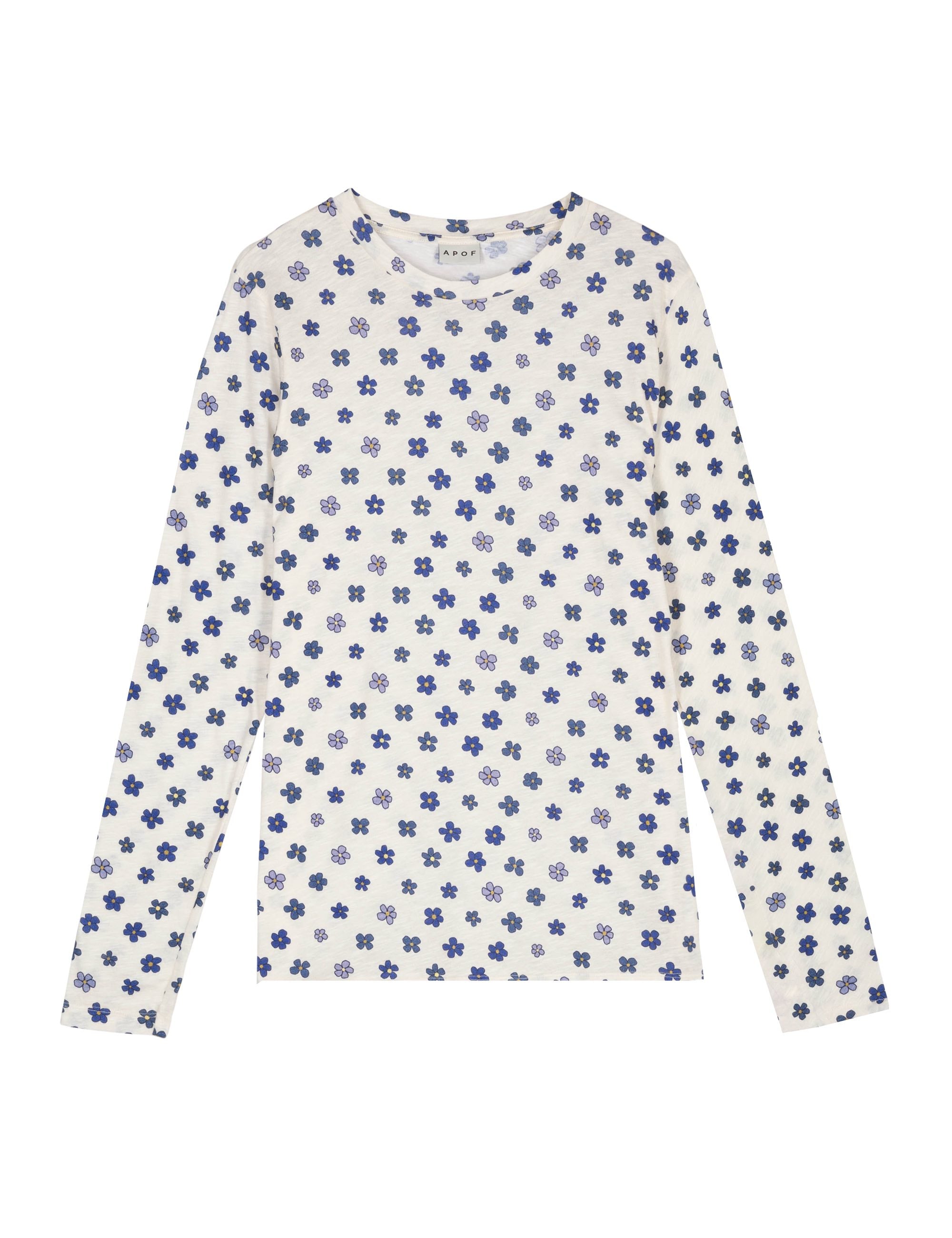 Women's long sleeve white t-shirt with blue flower pattern