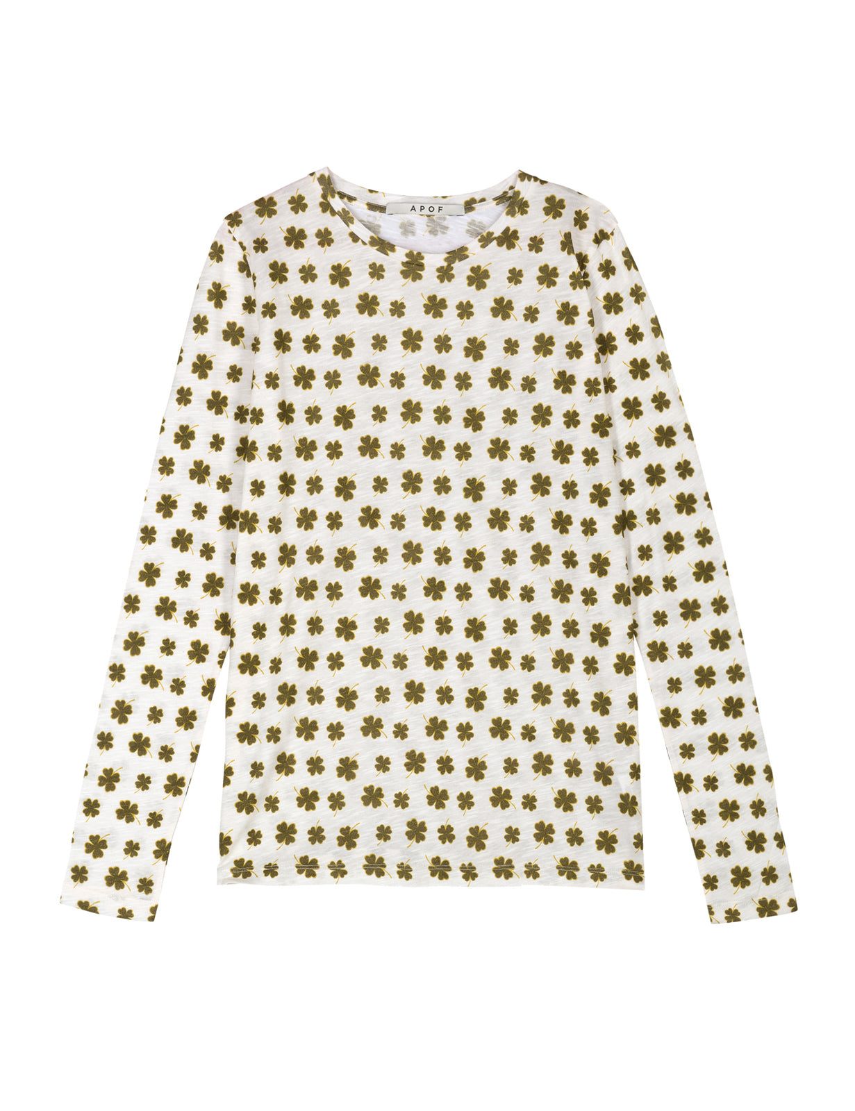 Women's long sleeve white t-shirt with green four-leaved clovers pattern