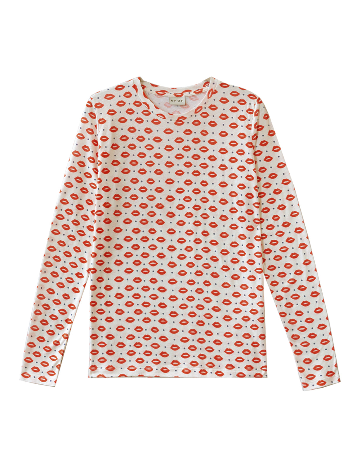 Women's long sleeve white t-shirt with red lips pattern