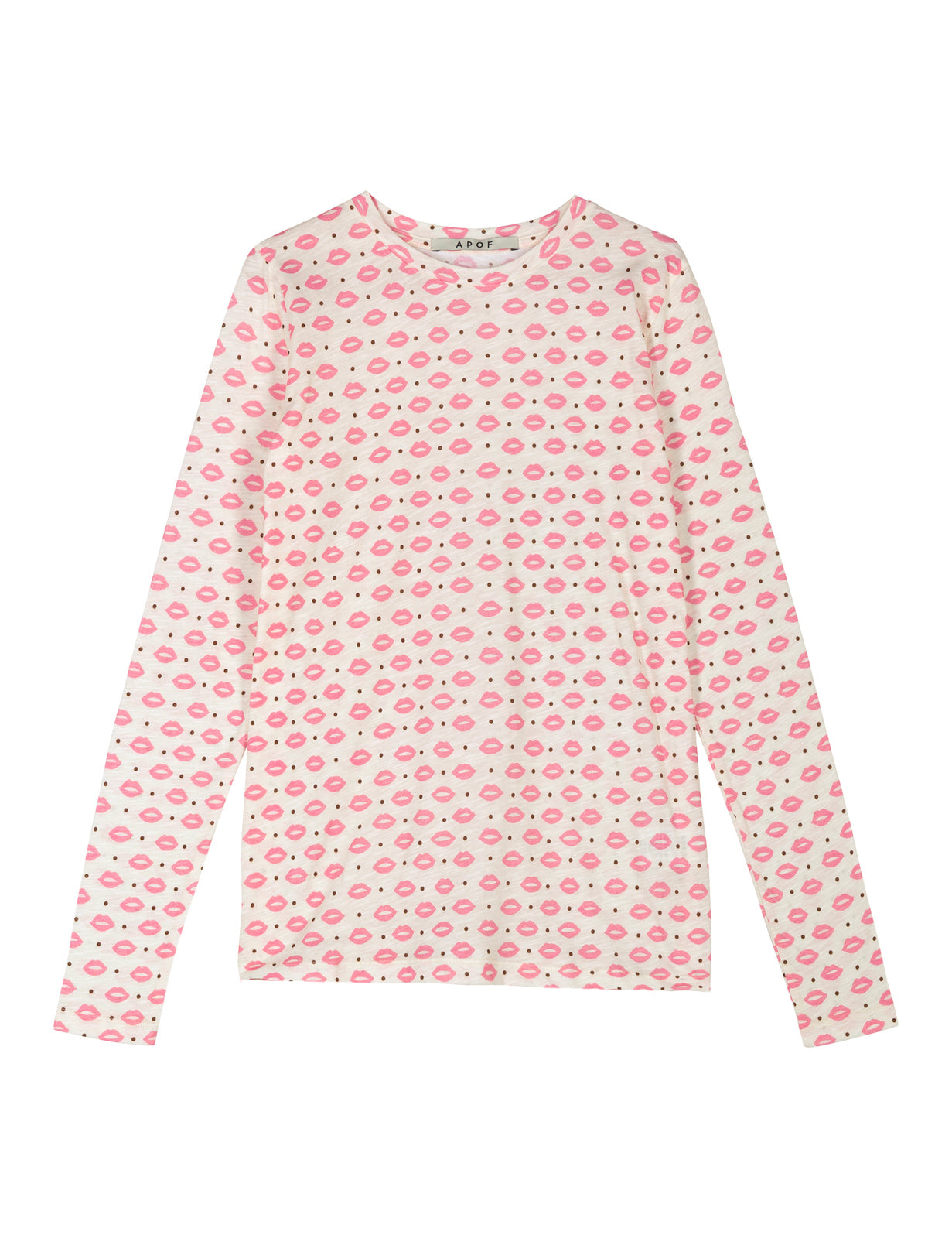 Women's long sleeve white t-shirt with pink lips pattern