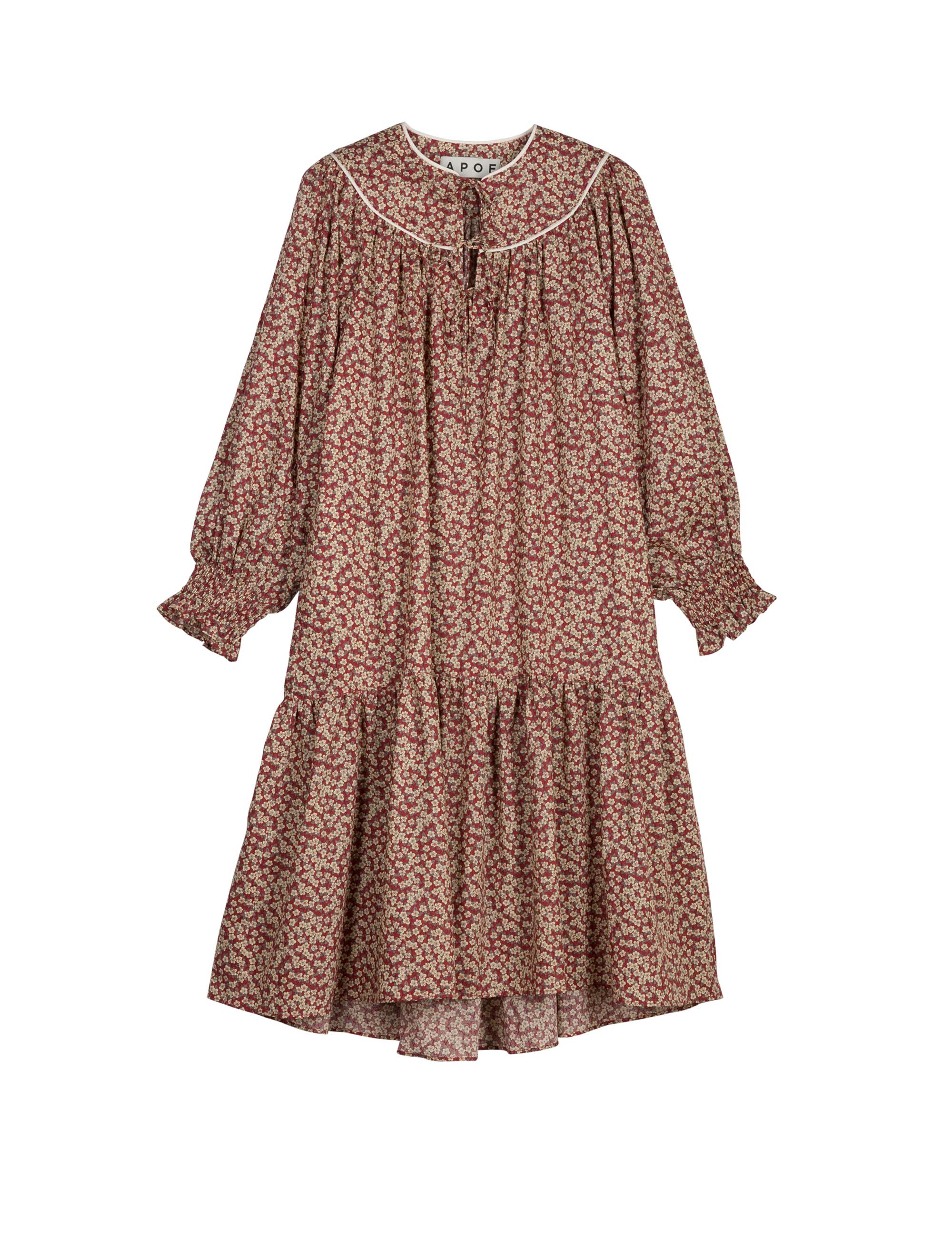 Cotton dress with brown and red flower pattern and puffed sleeves with detailed cuffs