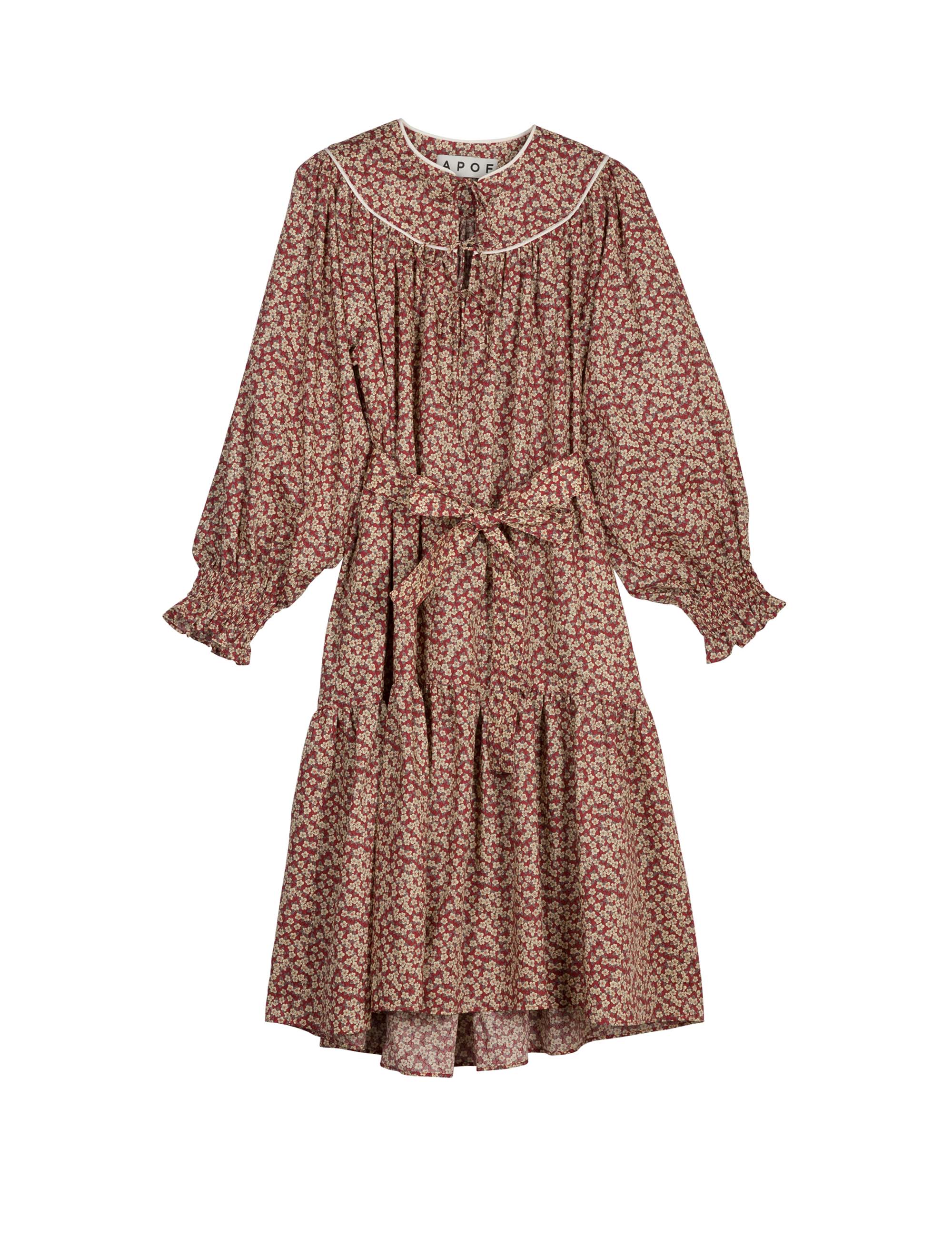 Cotton dress with brown and red flower pattern and puffed sleeves with detailed cuffs and belt