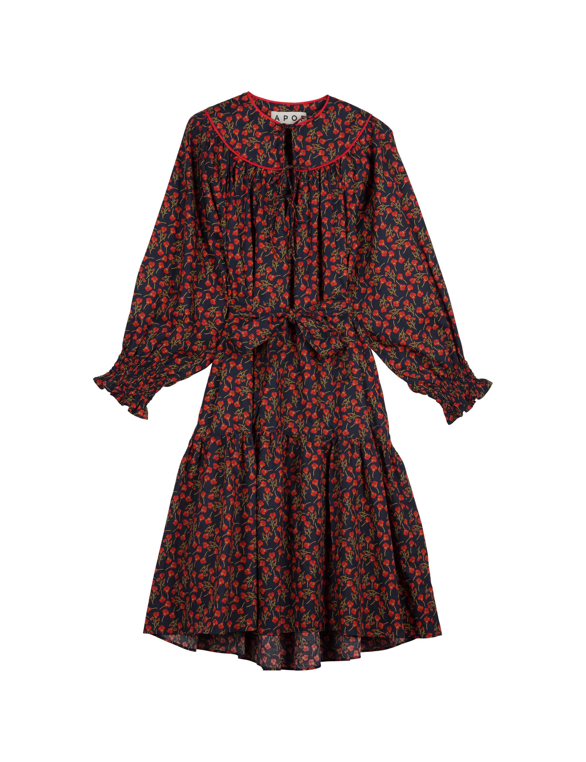 Cotton dress with red rose pattern and puffed sleeves with detailed cuffs