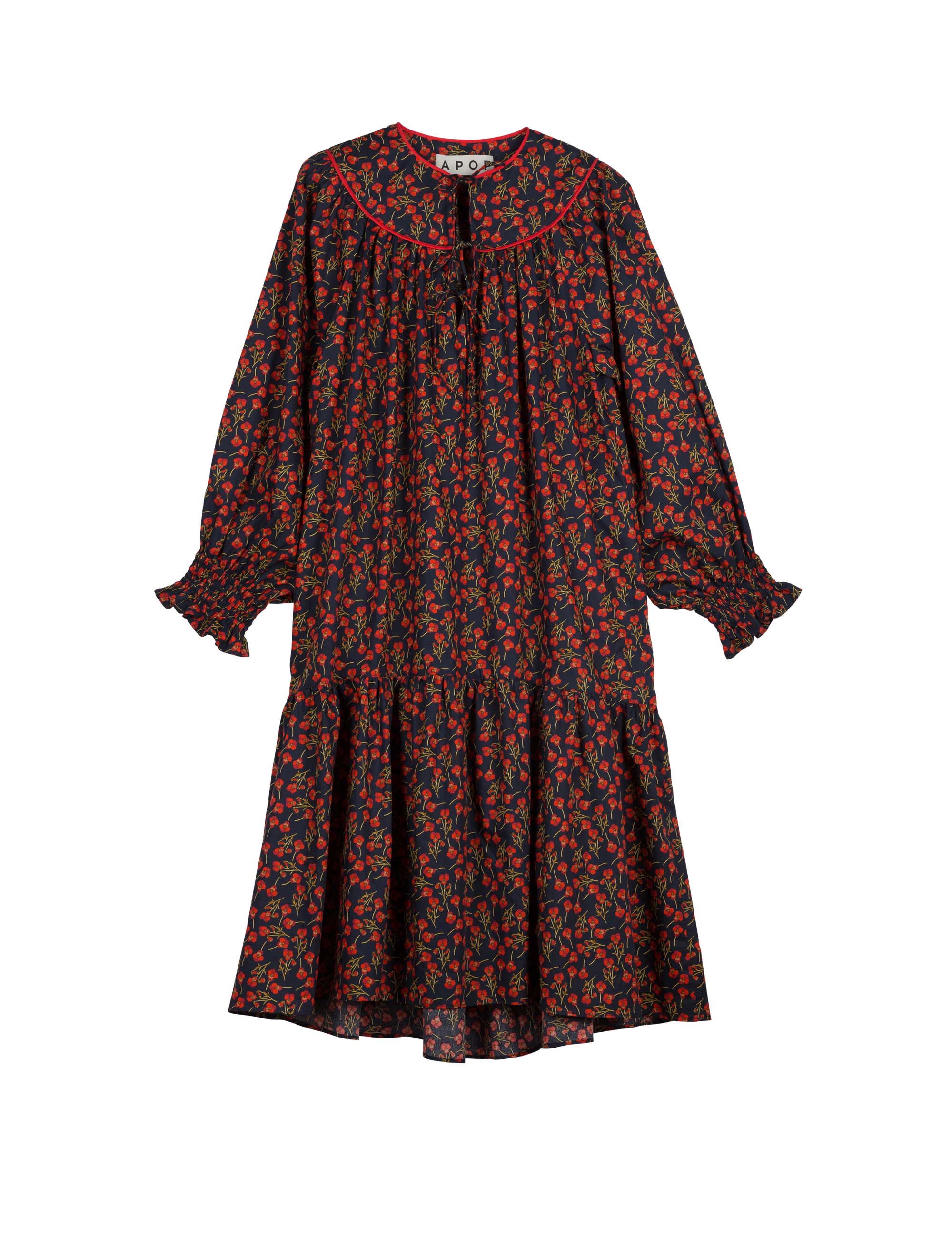 Cotton dress with red rose pattern and puffed sleeves with detailed cuffs