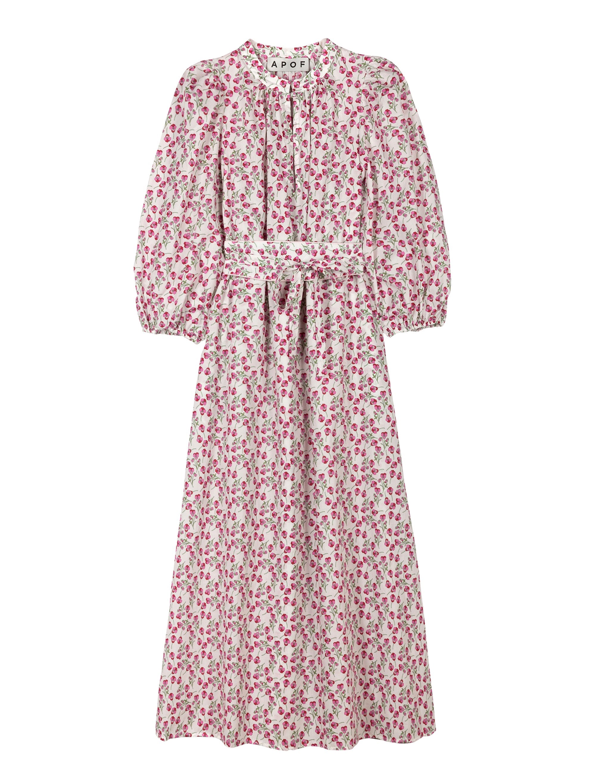 Long sleeved cotton dress with red small flower pattern and a matching fabric belt