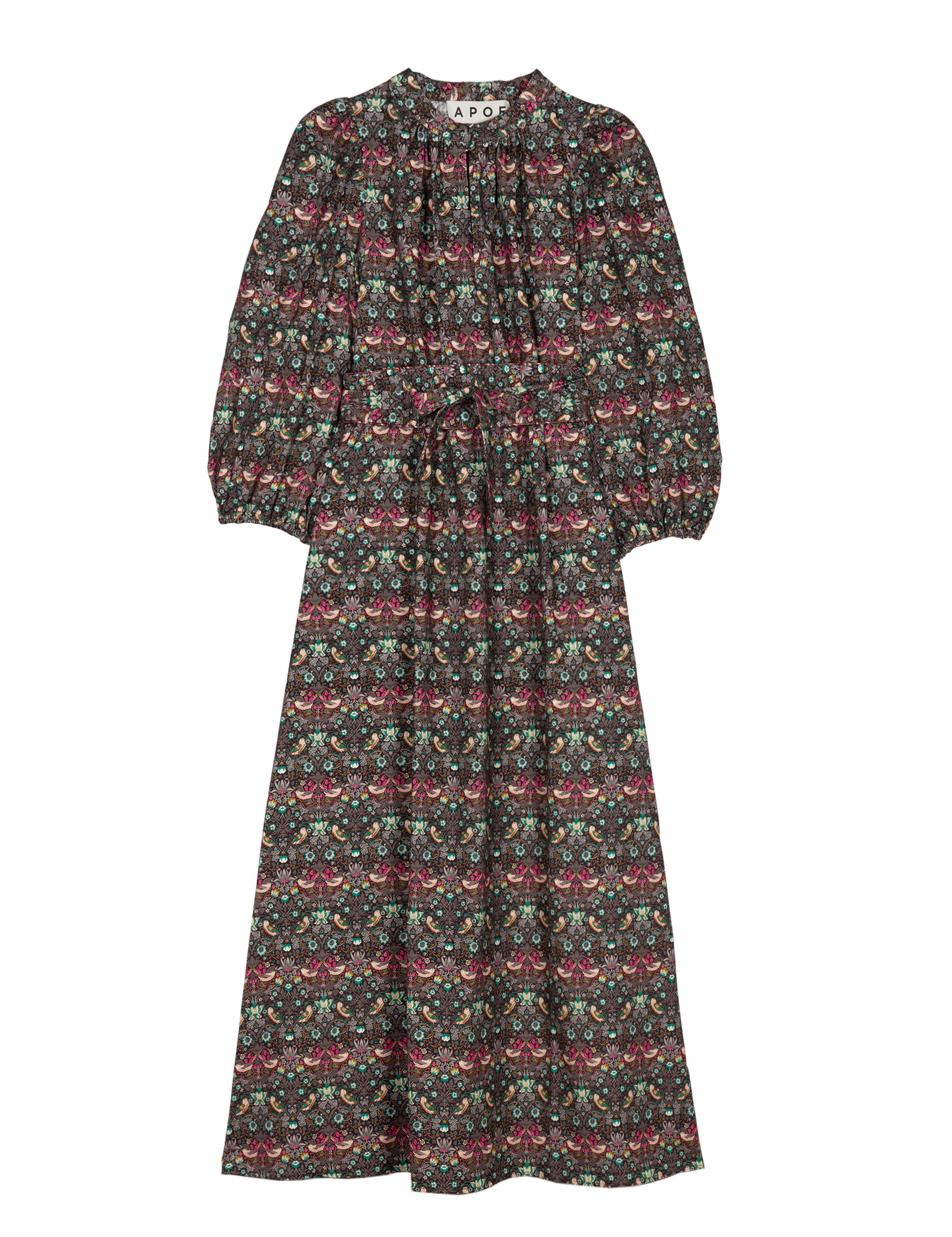 Long cotton dress with red and green flower pattern, puffed long sleeves and belt