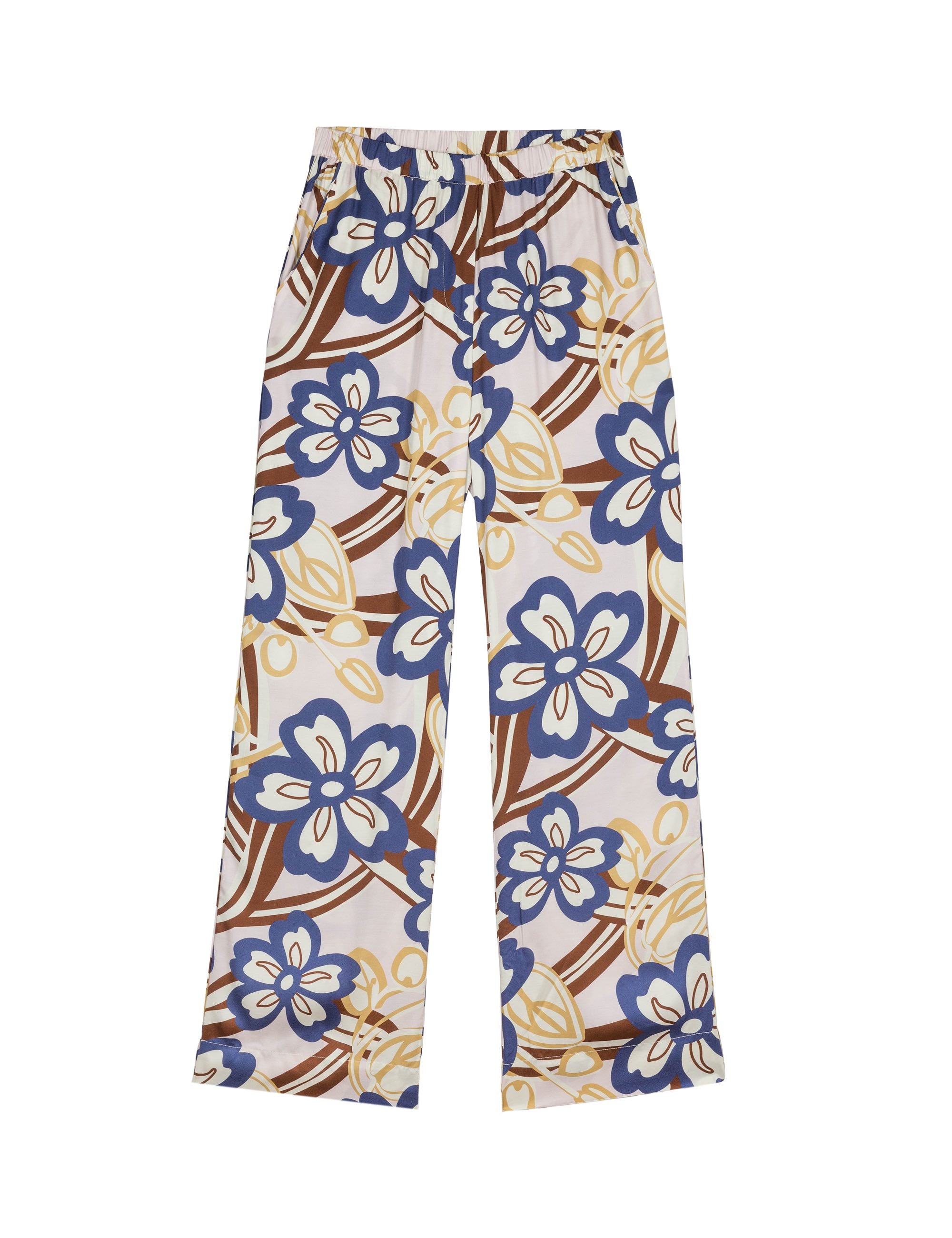 Women's viscose pants with large flower print in blue brown and yellow