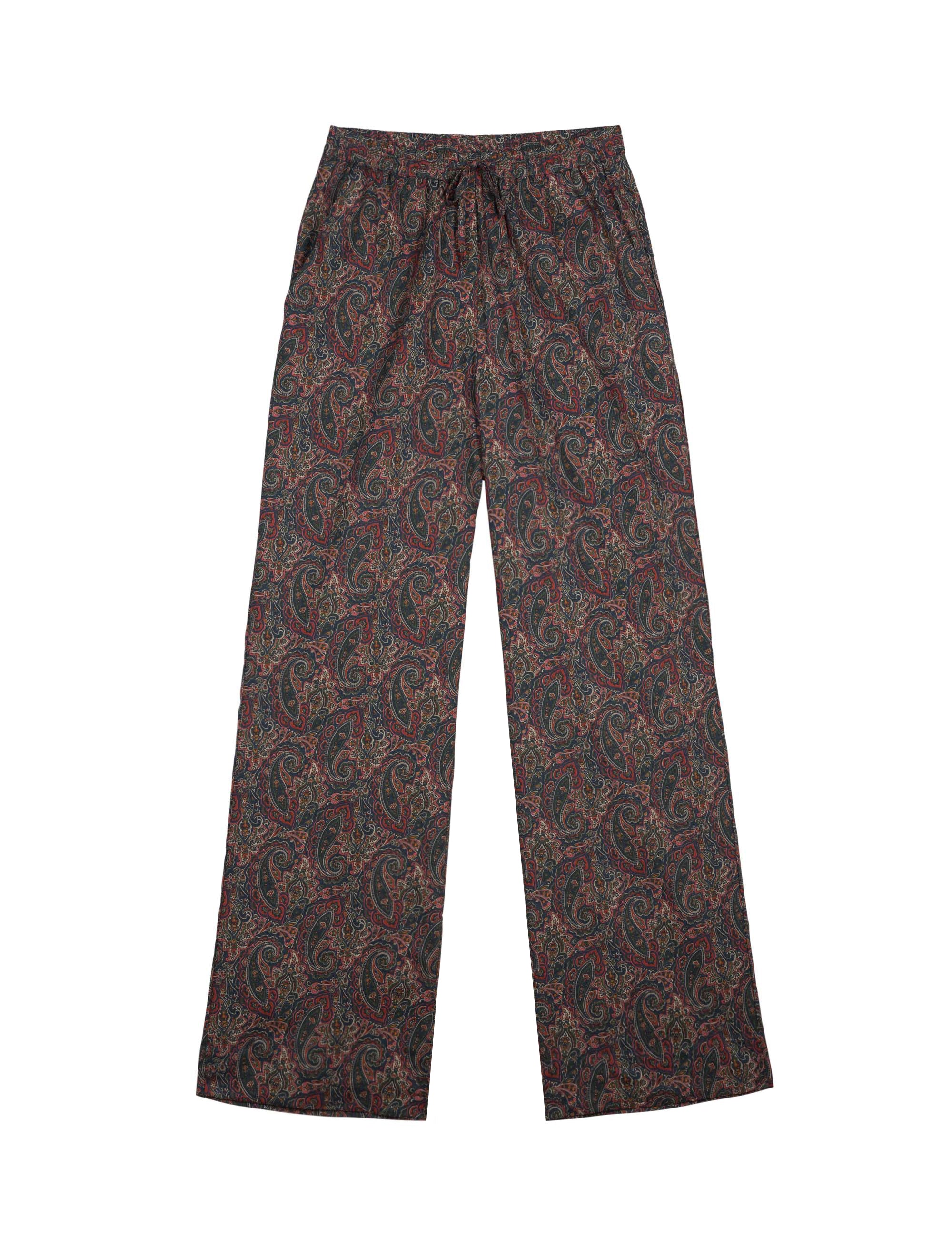 Women's cotton pants with red green and brown paisley pattern