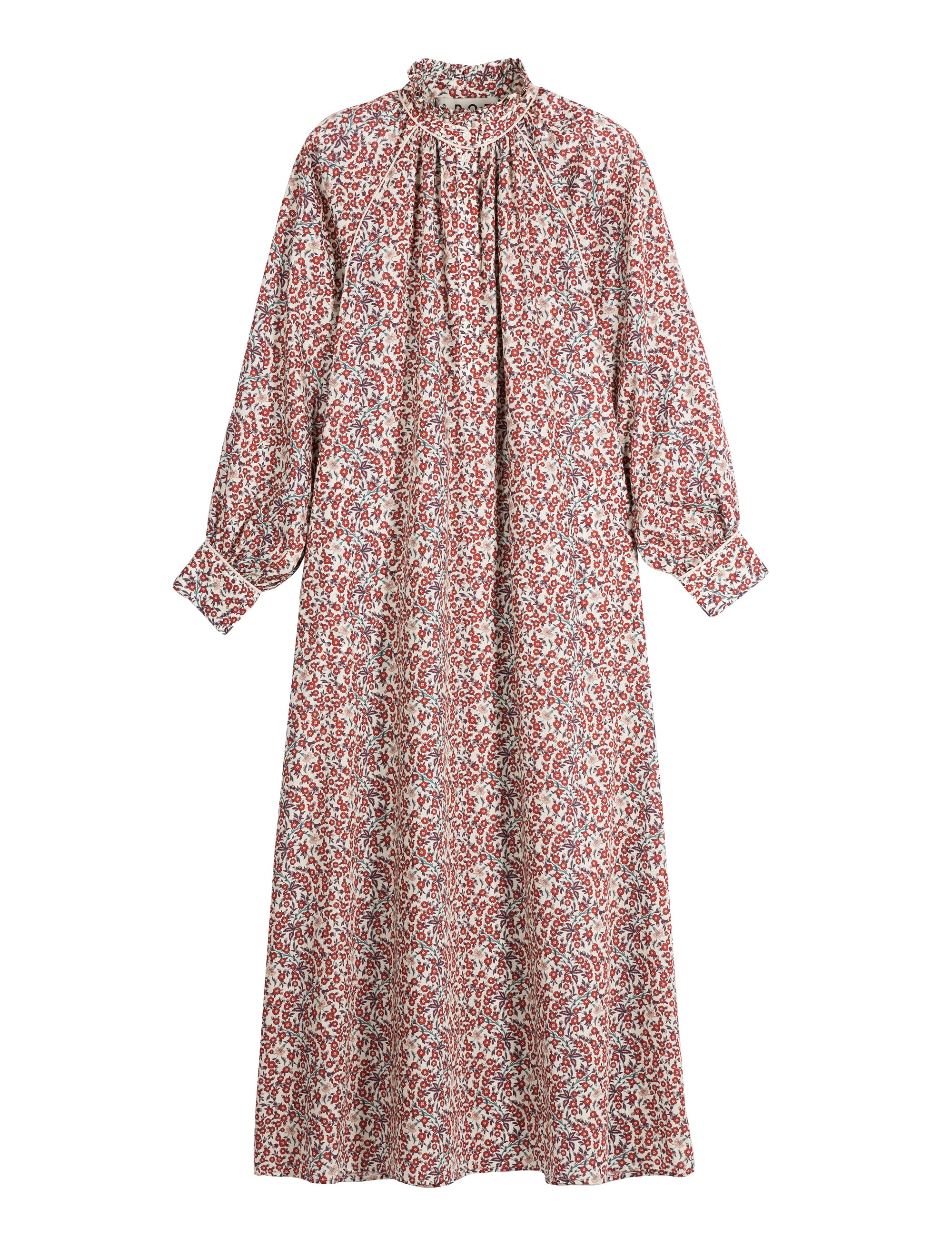 Woman in long dress with red flower pattern and puffed long sleeves