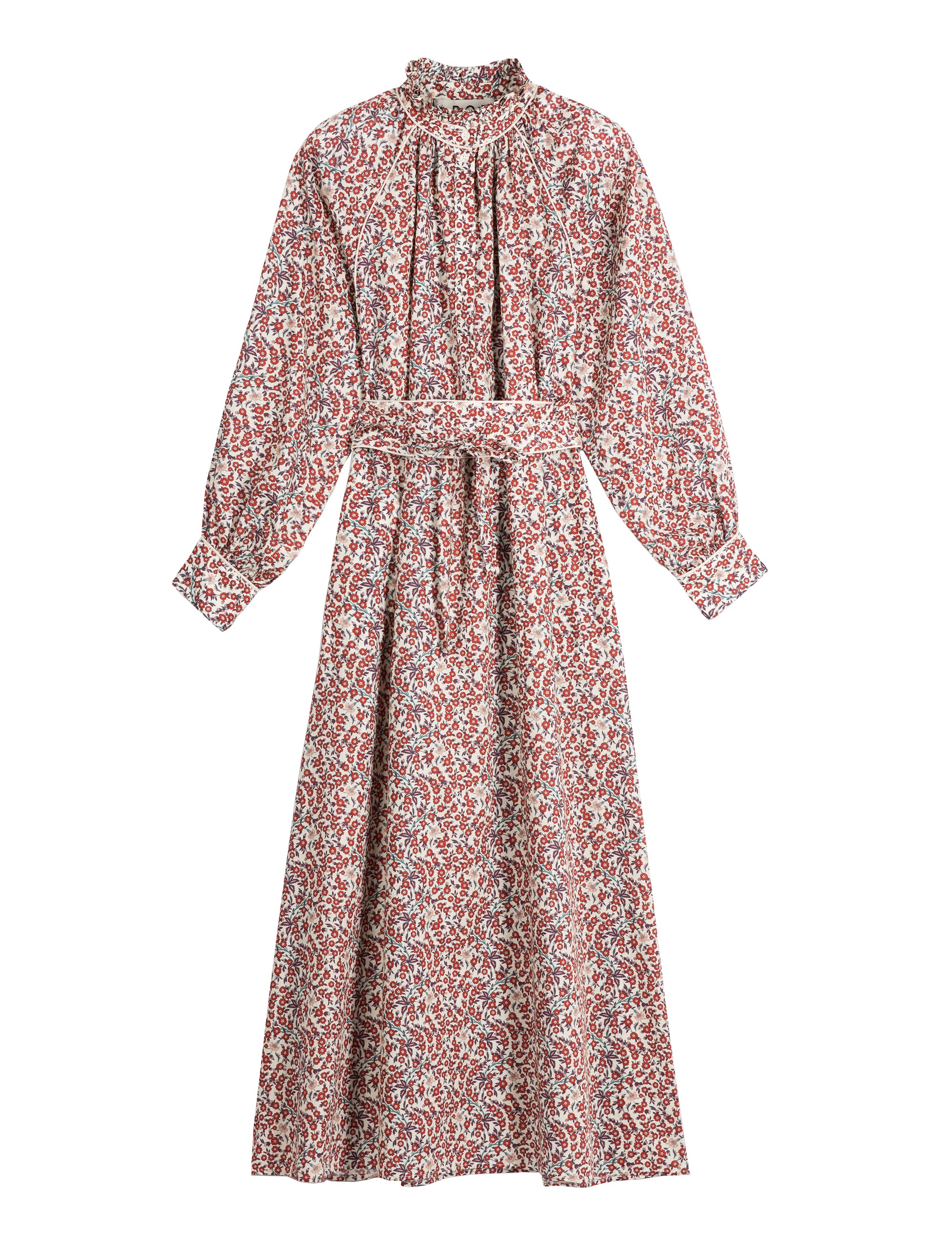 Long dress with red flower pattern, puffed long sleeves and belt