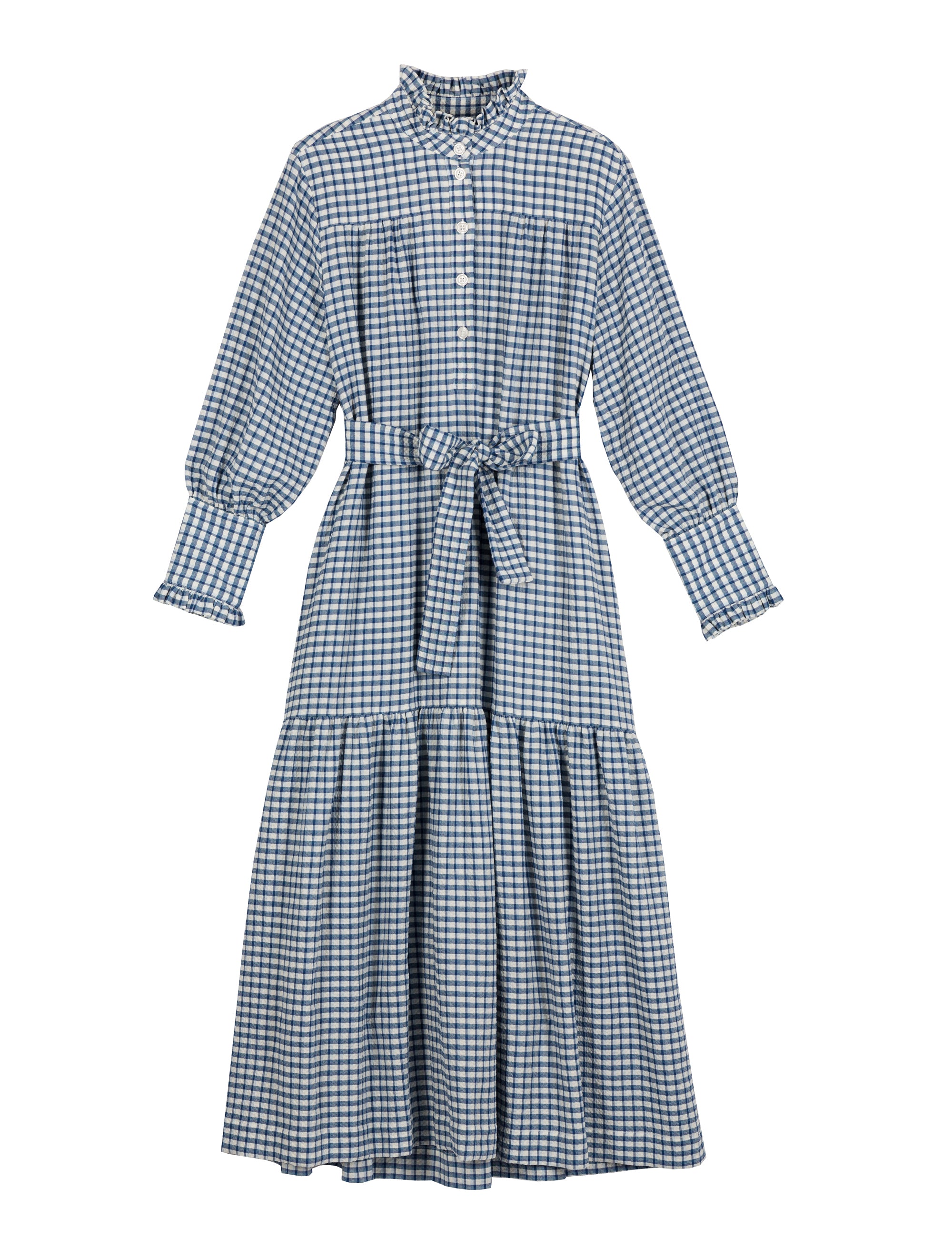 Blue and white checked cotton dress with long sleeves, buttons, cuffs and collar with ruffles and belt