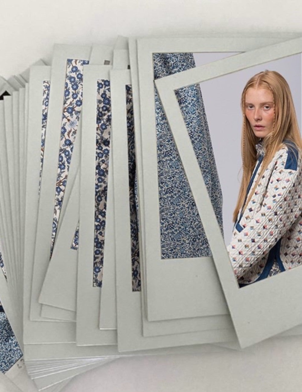 cards with APOF spring collection 2025 with woman dressed in quilted check patterned multi colored jacket