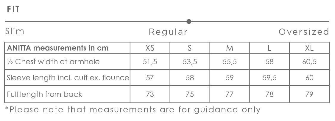 Size chart for anitta women's jacket