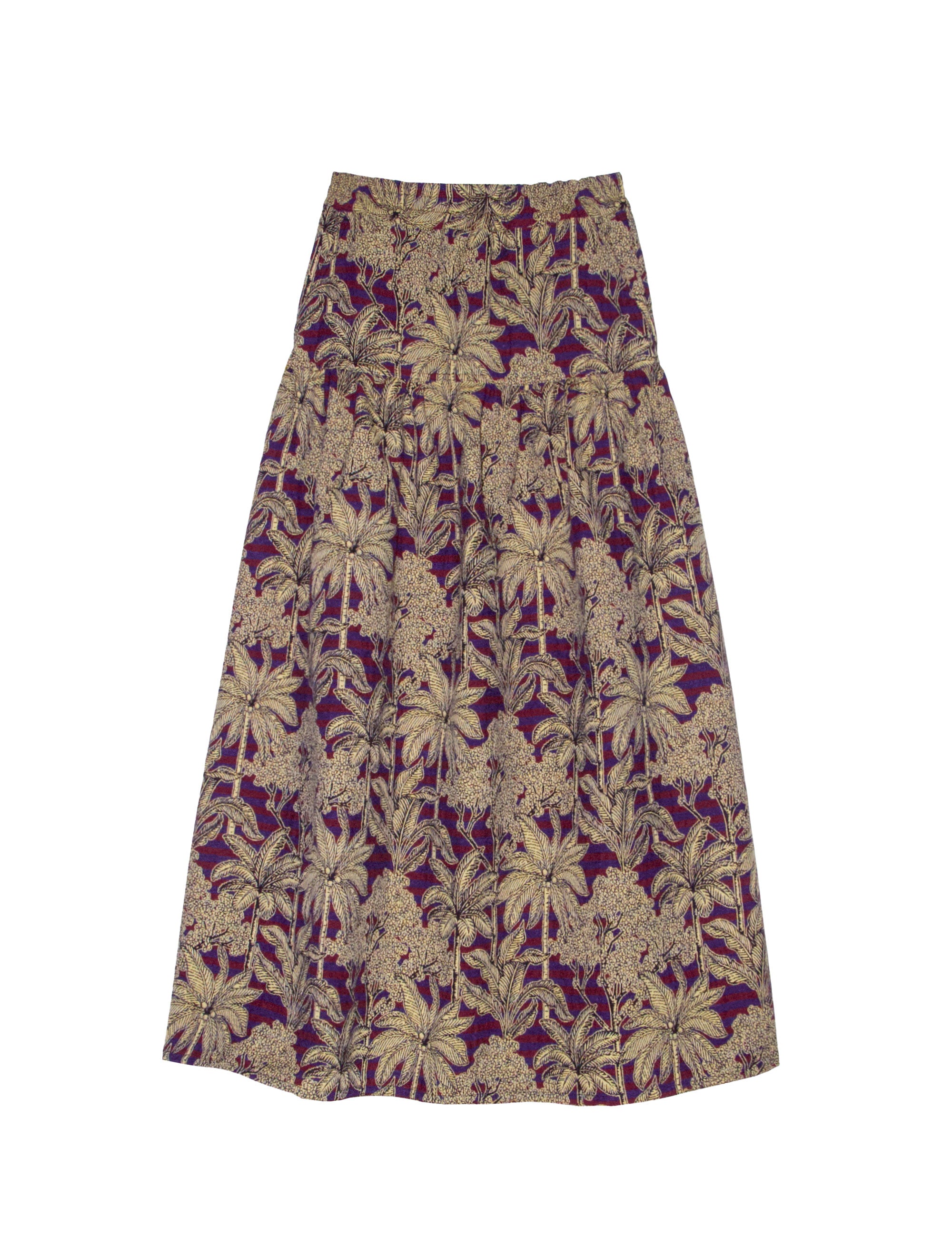 Long skirt in italian jacquard with red and blu stripes and golden palm print