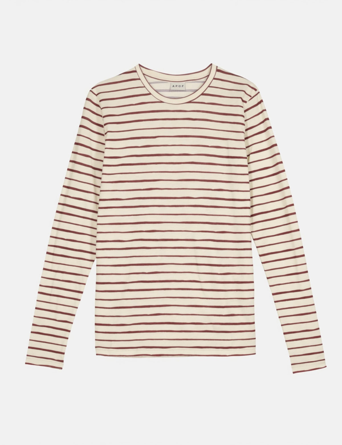 Beige Damen-T-Shirt mit langen Ärmeln und burgunderfarbenen horizontalen Streifen