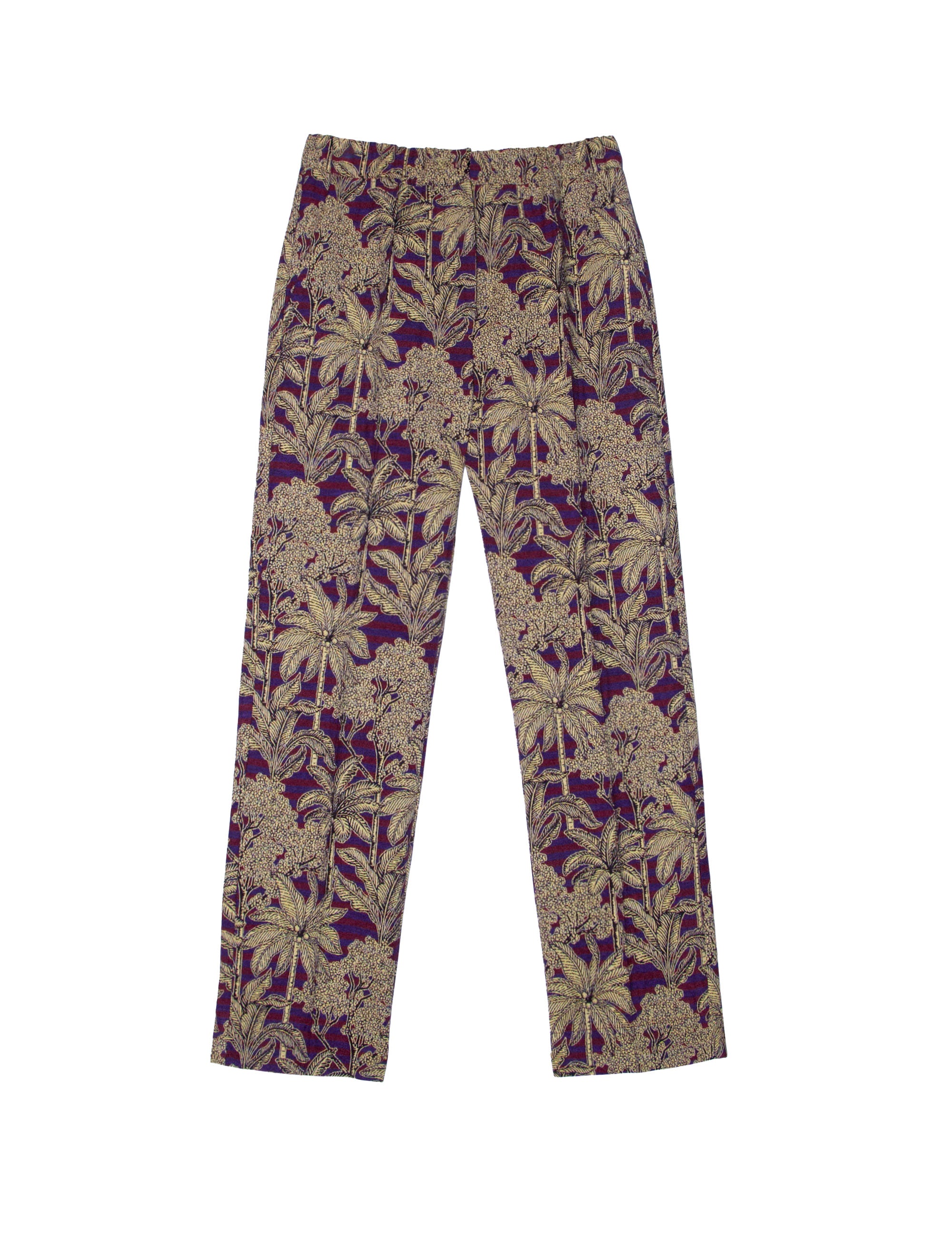 Women's jacquard pants with cigarette silhouette dark red with golden palm tree print