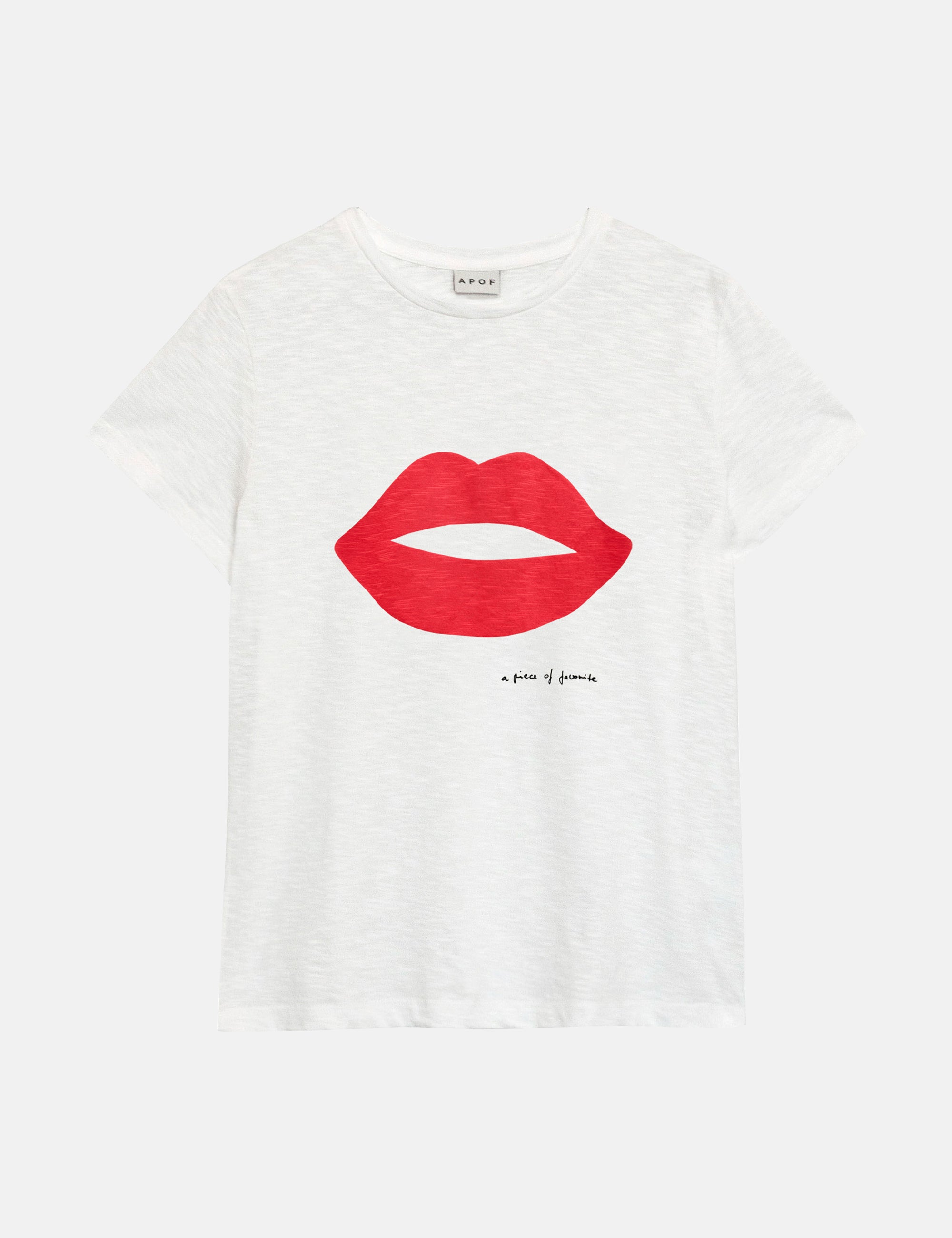A white short-sleeve crewneck t-shirt featuring a large red graphic of lips on the front